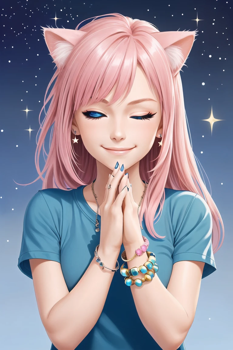 1girl,one eye closed,long hair,cat,blue eyes,pink hair,shirt,pink nails,smile,nail polish,star (symbol),animal,bracelet,short sleeves,stretching,solo,jewelry,upper body,looking at viewer,blue shirt,own hands together,shiny,closed mouth1girl,one eye closed,long hair,cat,blue eyes,pink hair,shirt,pink nails,smile,nail polish,star (symbol),animal,bracelet,short sleeves,stretching,solo,jewelry,upper body,looking at viewer,blue shirt,own hands together,shiny,closed mouth,