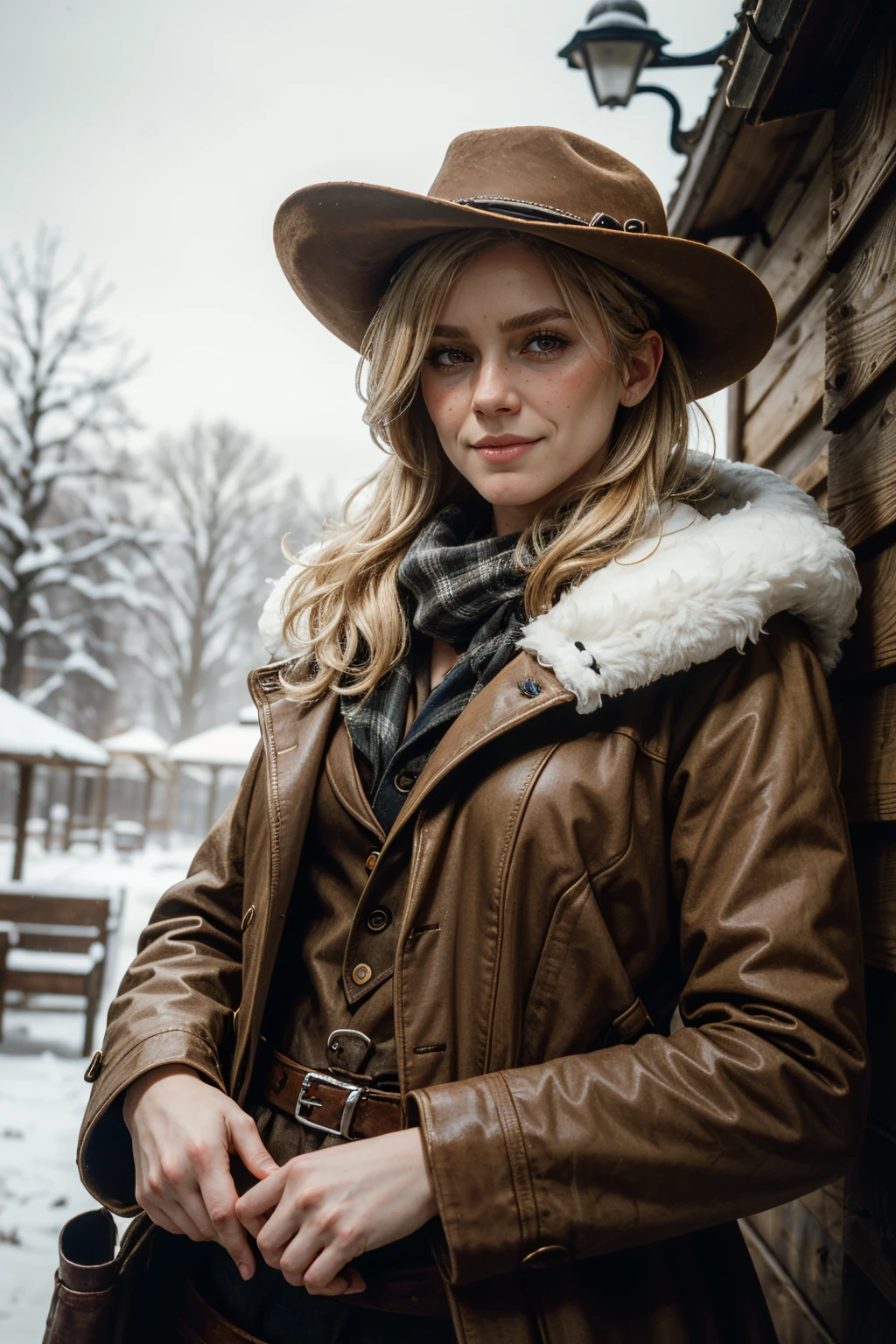 ((ultra detailed, masterpiece, absurdres))
 <lora:RDR2Sadie:0.8>
RDR2Sadie, 1girl, blonde hair, brown eyes, looking at viewer, in a winter wonderland, cowboy shot, winter clothing, smile