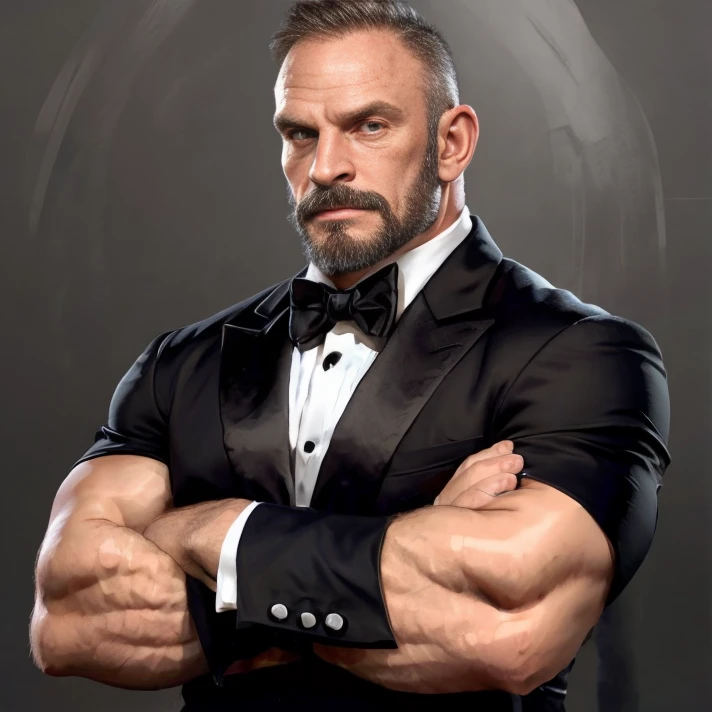 (portrait:1.2), upper body, <lora:backlight_slider_v10:1>, absurdres, <lora:SamuelColt:0.85>, samuelcolt, facial hair, (muscular male:1.1), grey background, tuxedo, crossed arms