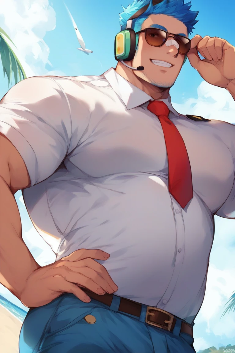 score_9, score_8_up, score_7_up, score_6_up, perfect anatomy, perfect proportions, best quality, masterpiece, high_resolution, high quality, solo male, Wilbur \(Animal Crossing\), personification, humanization, gijinka, blue hair, short hair, black eyes, blue facial hair, jawline stubble, aviation pilot, white collared shirt, red necktie, aviator sunglasses, aviator headset, blue pants, bandaid on nose, adult, mature, masculine, manly, grin, seductive, handsome, charming, alluring, standing, upper body,((view from below)), dutch angle, cowboy shot, beach, day, blue sky<lora:EMS-410700-EMS:1.000000>