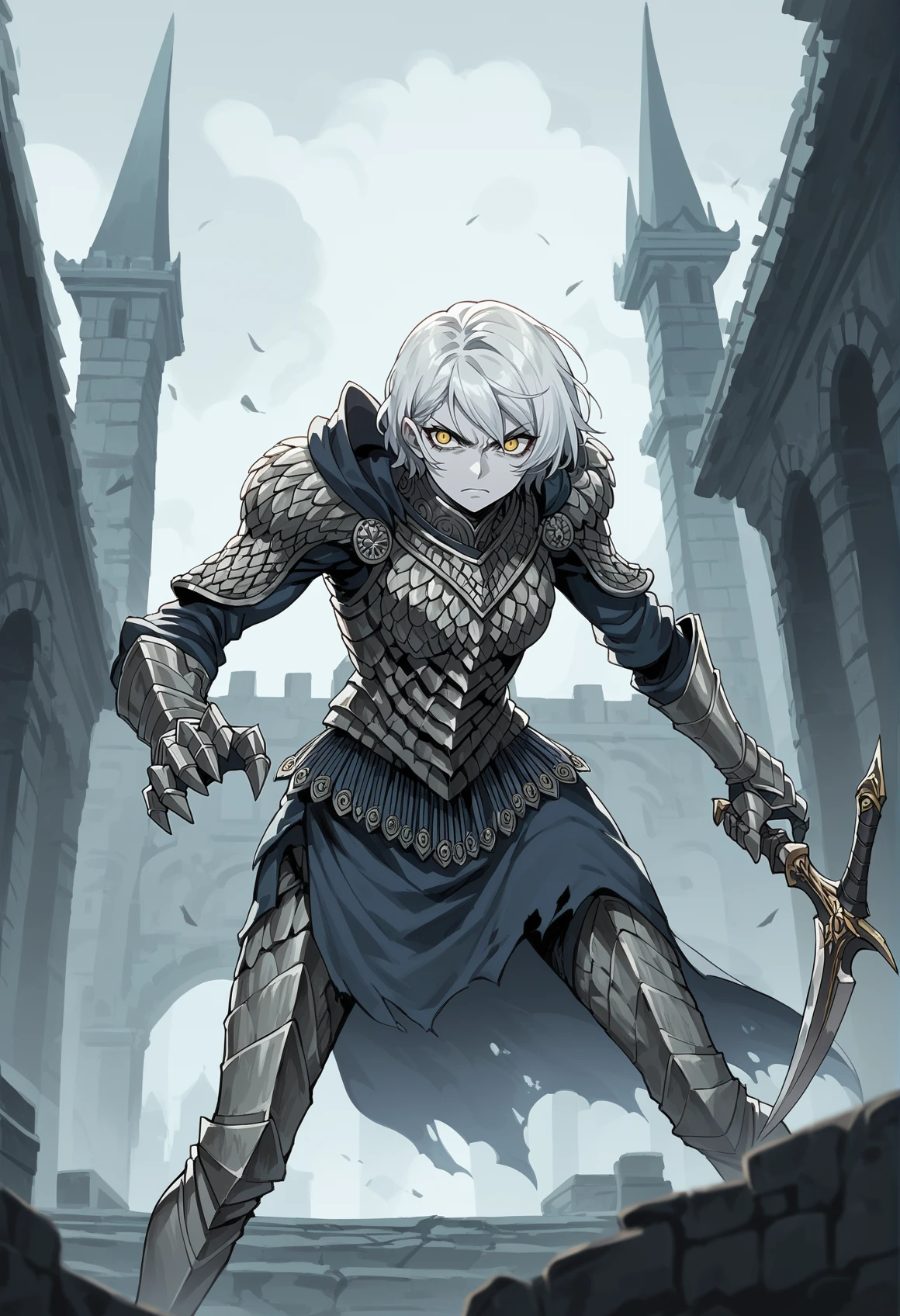 1girl, solo, armor, shoulder pads, gauntlets, greaves, scales, cloak, pale skin, grey skin, colored skin, short hair, yellow eyes, holding dagger, fighting stance, outdoors, temple, cowboy shot, anime screencap  <lora:Black_Knife_Tiche_XL:1>, score_9, score_8_up, score_7_up, score_6_up, score_5_up, score_4_up, BREAK source_anime, masterpiece