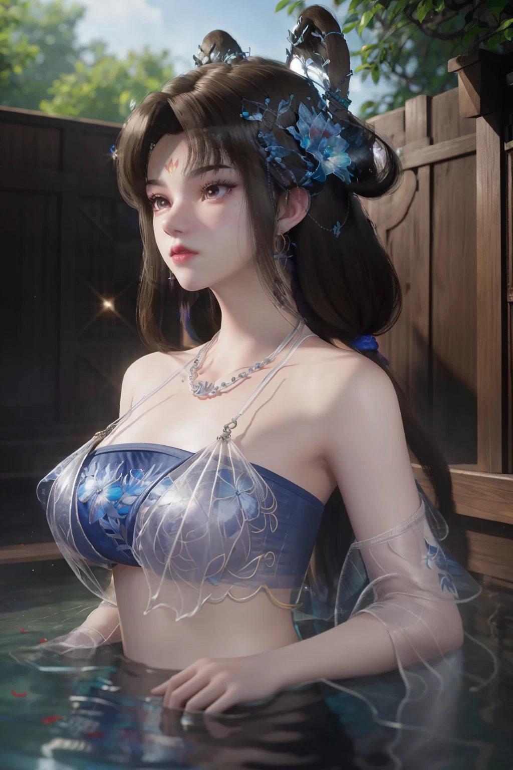 超高分辨率, (Photorealistic:1.4), RAW photo,16k,
1girll, Solo,Blush, Sitting,  Black hair, Bare shoulders, Long hair, Blue and white striped bikini swimsuit，huge tit，Light blue ribbon,Earrings,jewelry,Wide sleeves,((Shawl)),cleavage,nipslip,