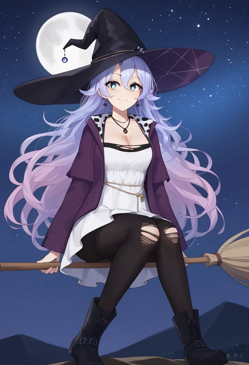 1girl, solo, highres, Shisui_Michiru, long hair, blue eyes, parted bangs, hair between eyes, light purple hair, multicolored hair, gradient hair, purple jacket, long sleeves, cow print, cleavage, white dress, witch hat, black hat, jewelry, necklace, earrings, broom, black pantyhose, torn pantyhose, black footwear, boots, night sky, starry sky, moon, broom surfing, broom riding, smile, sitting, closed mouth, looking to the side