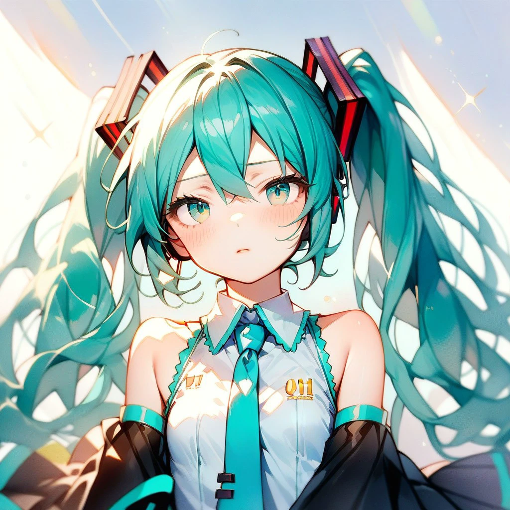 score_9,score_8_up,score_7_up,score_6_up,score_5_up,score_4_up, solo, 1girl, hatsune miku, twintails, aqua hair, aqua eyes, collared shirt, pleated skirt, necktie, detached sleeves