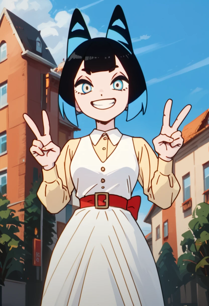 score_9, score_8_up, score_8,     <lora:Gal:0.8> 1girl, kozuk1, black hair, short hair, multicolored hair, animal ears, dress, blue eyes, colored inner hair, grin, suit, professional, peace sign,