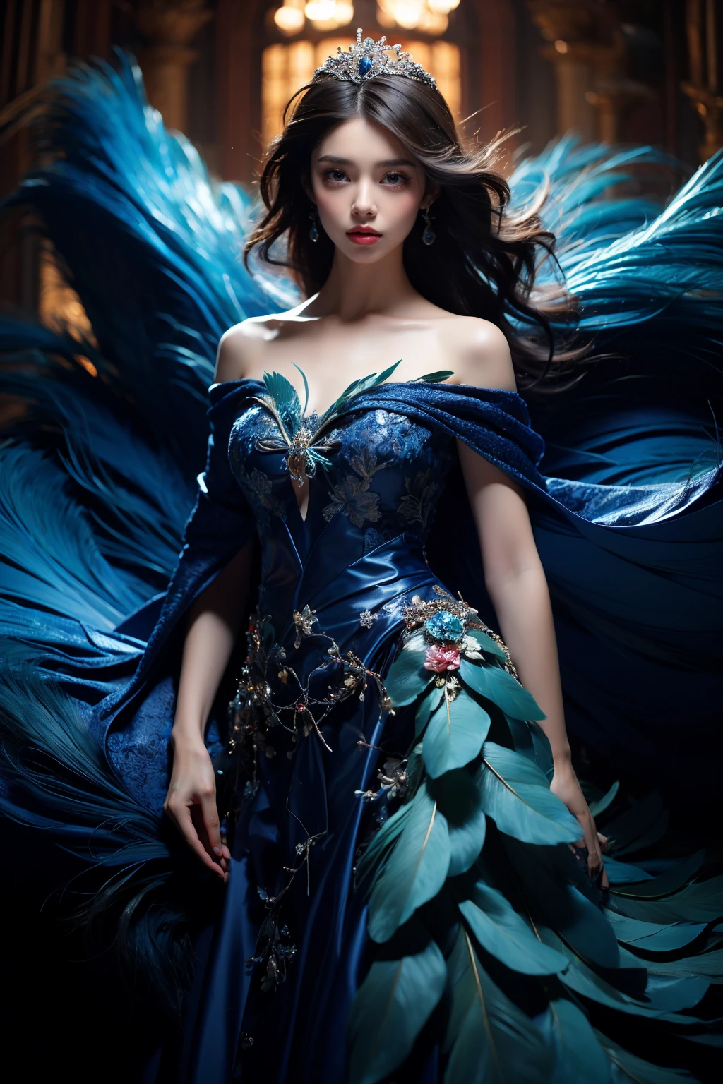 photorealistic,realistic,photography,masterpiece,best quality,ultra-detailed,extremely detailed, 8k wallpaper,1girl,looking at viewer,off shoulder,tiara,makeup,breasts,black hair,curly hair,lips,dress,jewelry,earrings,bird,floating hair,blue dress,strapless dress,feathers dress, abstract,feathers in background,<lora:JAY -  FEATHERS BLUE DRESS:0.8>