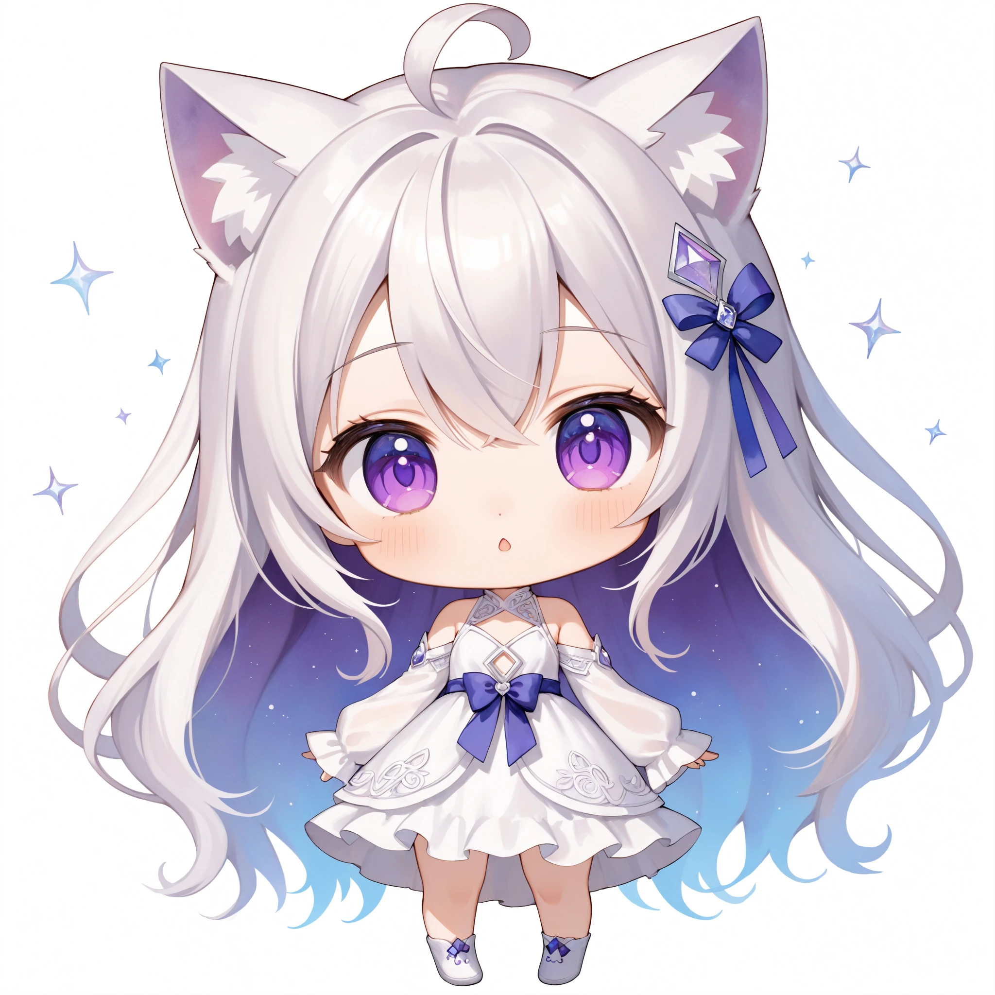 SceneDescription:
- Composition: Full body shot. Cinematic angle.
- Subject: A very cute girl.
- Characteristics:
- Face: (Round face:1.2).
- Eyes: Detailed dark-purple eyes.
- Hair: Long straight hair with ribbon ornament, (shine silver hair), (shine silver inner hair), (ahoge:1.05), cat ears and hair between eyes.
- Body: Detailed body. Small breasts.
- Clothing: White chiffon maxi dress and ruffled long sleeves.
- Expression: :o.
- Posing: Cute pose. Looking at viewer.
- Background: No background. White background.
ArtStyle: Chibi. Deformed. Watercolor. Traditional media.
Quality: Intricate details. Extremely detailed. Outstanding intricacies. (Masterpiece:1.2). (Best quality:1.2). (Absurdres absolutely resolution:1.4).
Mood: Serene atmosphere.
