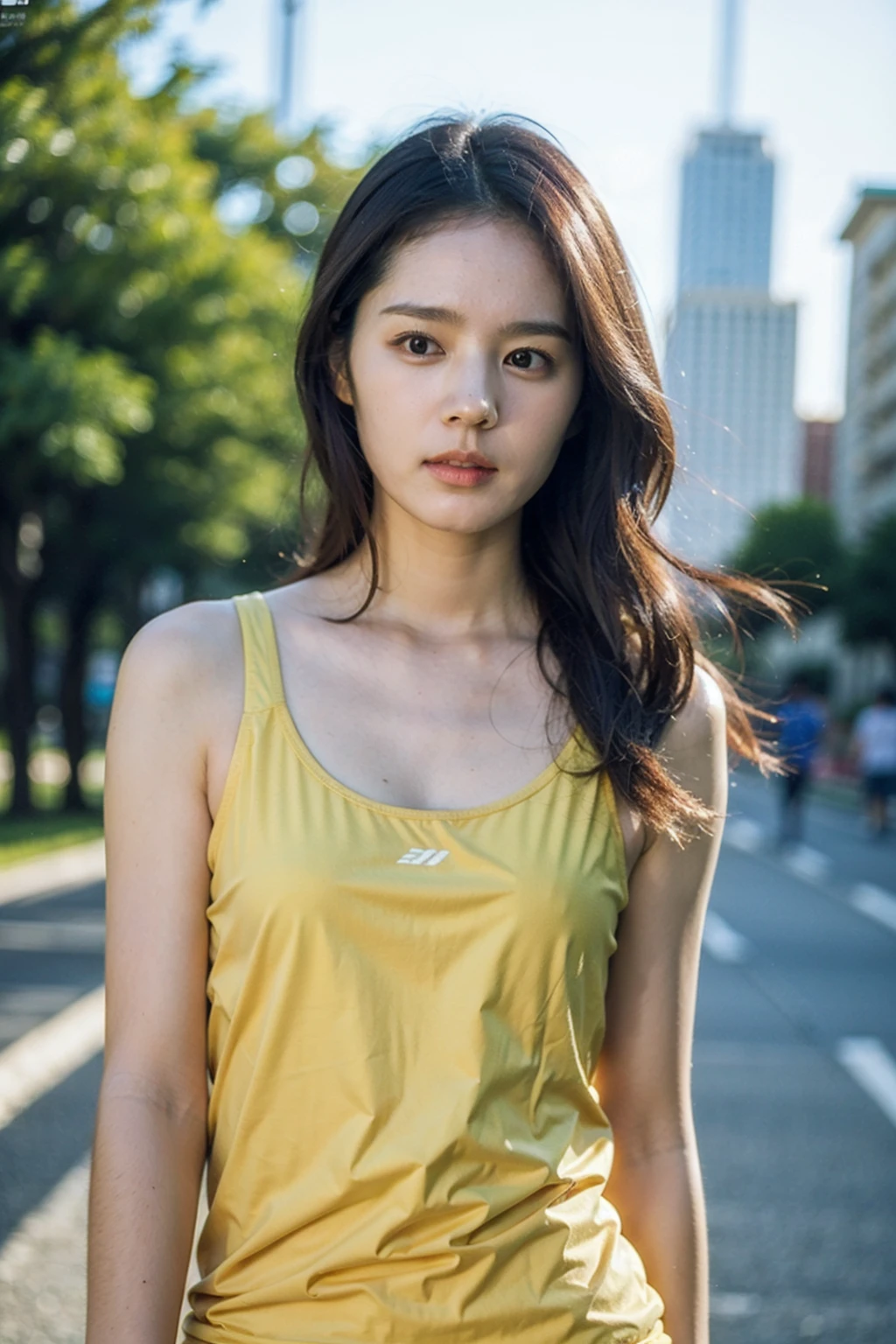 Best quality, masterpiece, ultra high res, (photorealistic), raw photo,1girl, skinny, upper body,solo, realistic, looking at viewer, long hair, bokeh background, city streets, sports clothes,  <lora:makina69_hangain_v1.0:1>