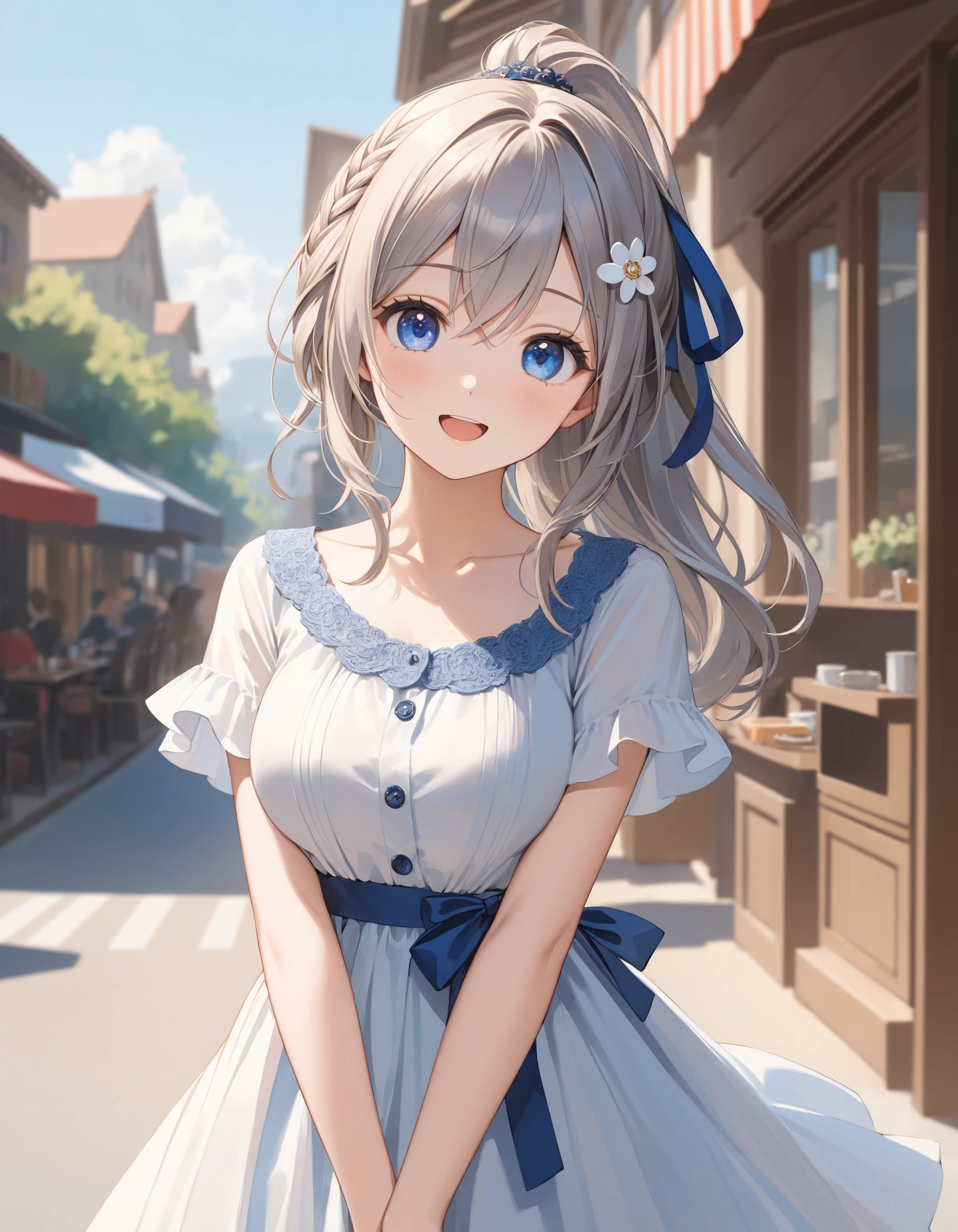 SceneDescription:
- Composition: Portrait. Face focus. Shooting from front.
- Subject: A cute girl.
- Characteristics:
- Face: (Cute round face:1.1).
- Eyes: Detailed dark-blue eyes.
- Hair: Long wavy high (ponytail:1.2) with big ribbon hair ornament, (gray hair), (gray inner hair), left side french braid, ahoge and hair between eyes.
- Body: Detailed slender body. Large breasts.
- Clothing: White ruffled dress, short sleeves and layerd skirt.
- Expression: Amused expression. Open mouth.
- Posing: (Arms behind back:1.2). Head tilt. Looking at viewer.
- Background: Fashionable cafe street.
- Elements: Blue sky view.
Time: Daytime.
Lighting: (Natural lighting:1.4).
ArtStyle: Watercolor. Traditional media.
Quality: Intricate details. Extremely detailed. Outstanding intricacies. (Masterpiece:1.2). (Best quality:1.2). (Absurdres absolutely resolution:1.4).
Mood: Serene atmosphere.