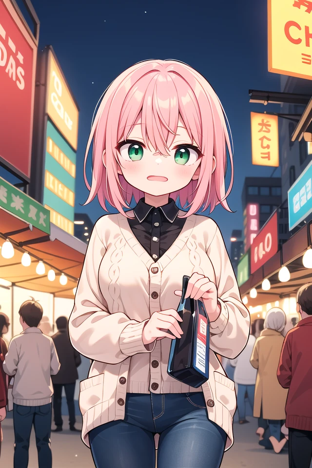 <lora:hotarumouth_type5_v100:1>
insanely detailed, absurdres, ultra-highres, ultra-detailed, best quality,
1girl, solo, nice hands, perfect hands
BREAK
(loose fit cardigan:1.2), straight jeans, chain bracelet
BREAK
(nsfw:-1.5)
BREAK
expressionless, open mouth
BREAK
,
standing, cowboy shot, looking at viewer
BREAK
slender, kawaii, perfect symmetrical face, ultra cute girl, ultra cute face, ultra detailed eyes, ultra detailed hair, ultra cute, ultra beautiful
BREAK
Night market Capture the enchanting and lively beauty of a market illuminated by colorful lights and bustling with nightlife, depth of field, ultra detailed background
BREAK
large breasts
BREAK
(pink hair, dark green eyes:1.2), afro, hair between eyes