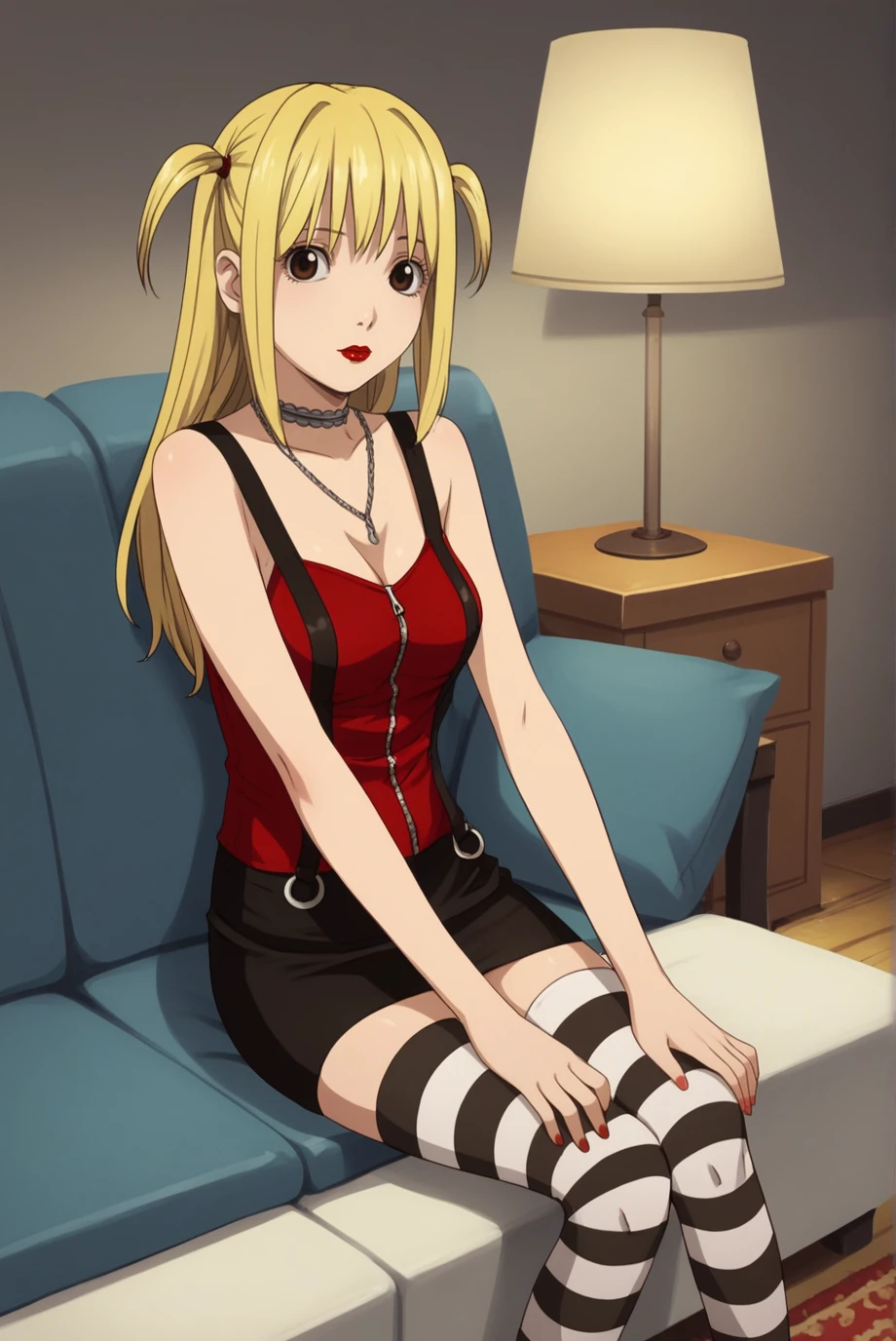 score_9, score_8_up, score_7_up, score_6_up, score_5_up, score_4_up, BREAK source_anime, 1girl, solo,
<lora:MisaMisaXL-v2-07:0.7>, ChopioMisaMisa, blonde hair, brown eyes, looking at viewer,
medium breasts, perky breasts,
long hair, two side up, red lipstick,
living room, sofa, table, lamp, carpet, sitting,
outfit_5, choker, necklace, red bustier, zipper, suspenders, black skirt, pencil skirt, striped thighhighs, zettai ryouiki,