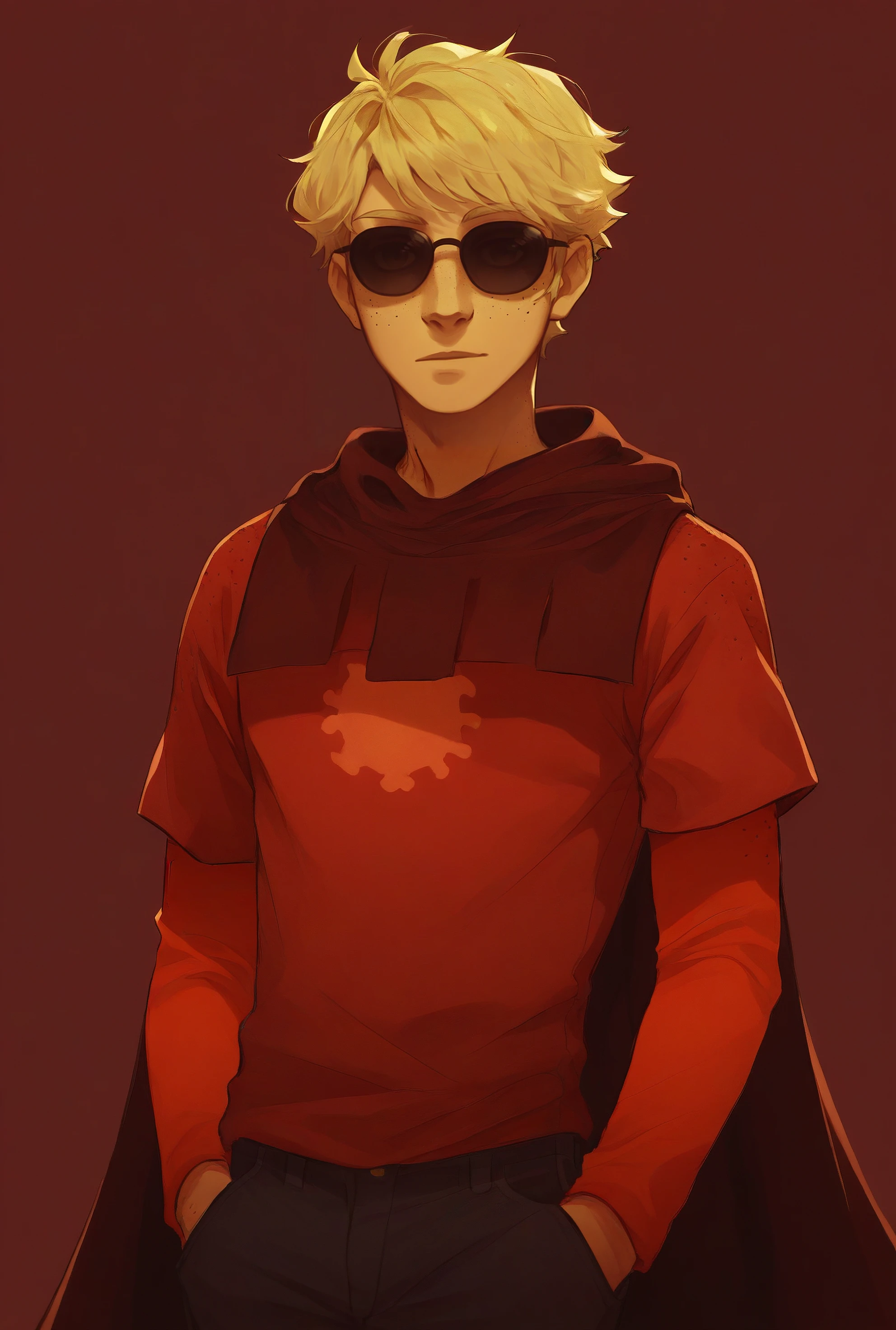 , score_9, score_8_up, score_7_up, masterpiece, , line art, portrait, anime,, detailed, <lora:Expressive_H:0.45> Expressiveh, ,   ,  <lora:Dave_Strider:0.8>, dave strider, blonde hair,  sunglasses,  freckles, male, 1boy,  godtier, cape, red shirt, pants, simple background,  dark red  background,