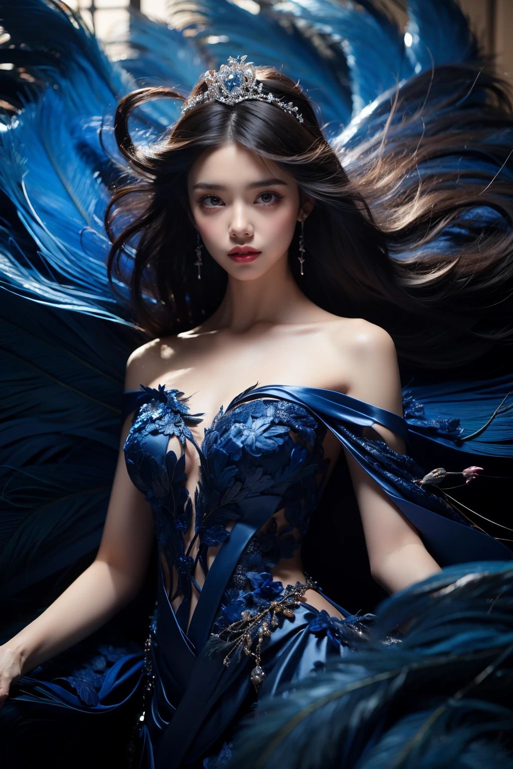 photorealistic,realistic,photography,masterpiece,best quality,ultra-detailed,extremely detailed, 8k wallpaper,1girl,looking at viewer,off shoulder,tiara,makeup,breasts,black hair,curly hair,lips,dress,jewelry,earrings,bird,floating hair,blue dress,strapless dress,feathers dress, abstract,feathers in background,<lora:JAY -  FEATHERS BLUE DRESS:0.8>