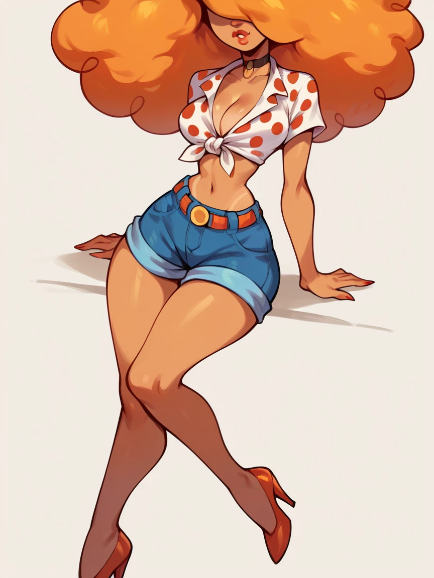 score_9, score_8_up, score_7_up, score_6_up, score_5_up,  <lora:msb3llumXLP:0.8> msb3llum, sara bellum, orange hair, big hair, shorts, white polka dot crop top, curvy, high heels, solo, tan skin, head out of frame, cleavage, tied shirt,