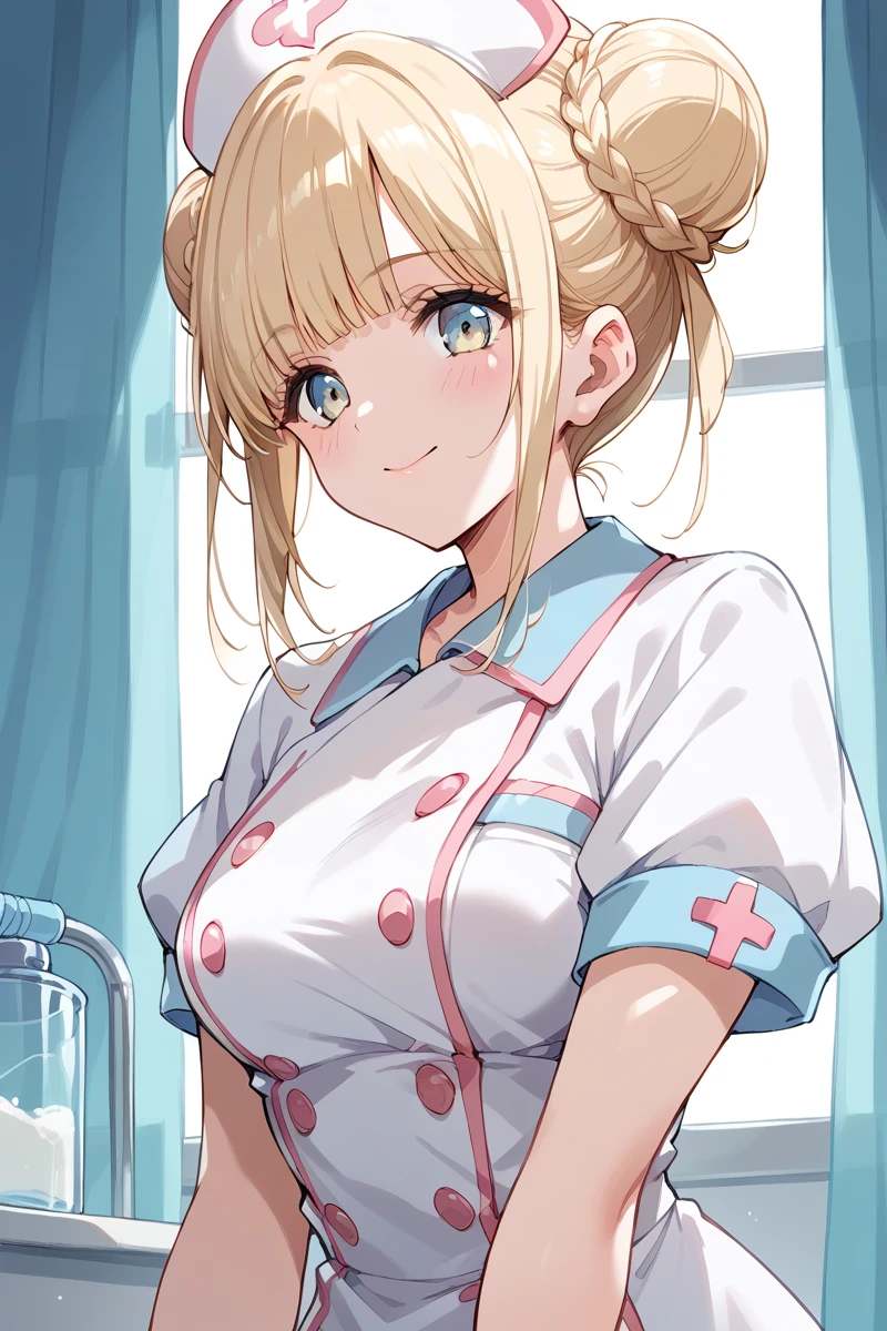 score_9, score_8_up, score_7_up, score_6_up, 1girl,
<lora:Fukushima_Noa_r2:0.9> noa, blonde hair, bangs, hair buns, nurse cosplay, short sleeves,