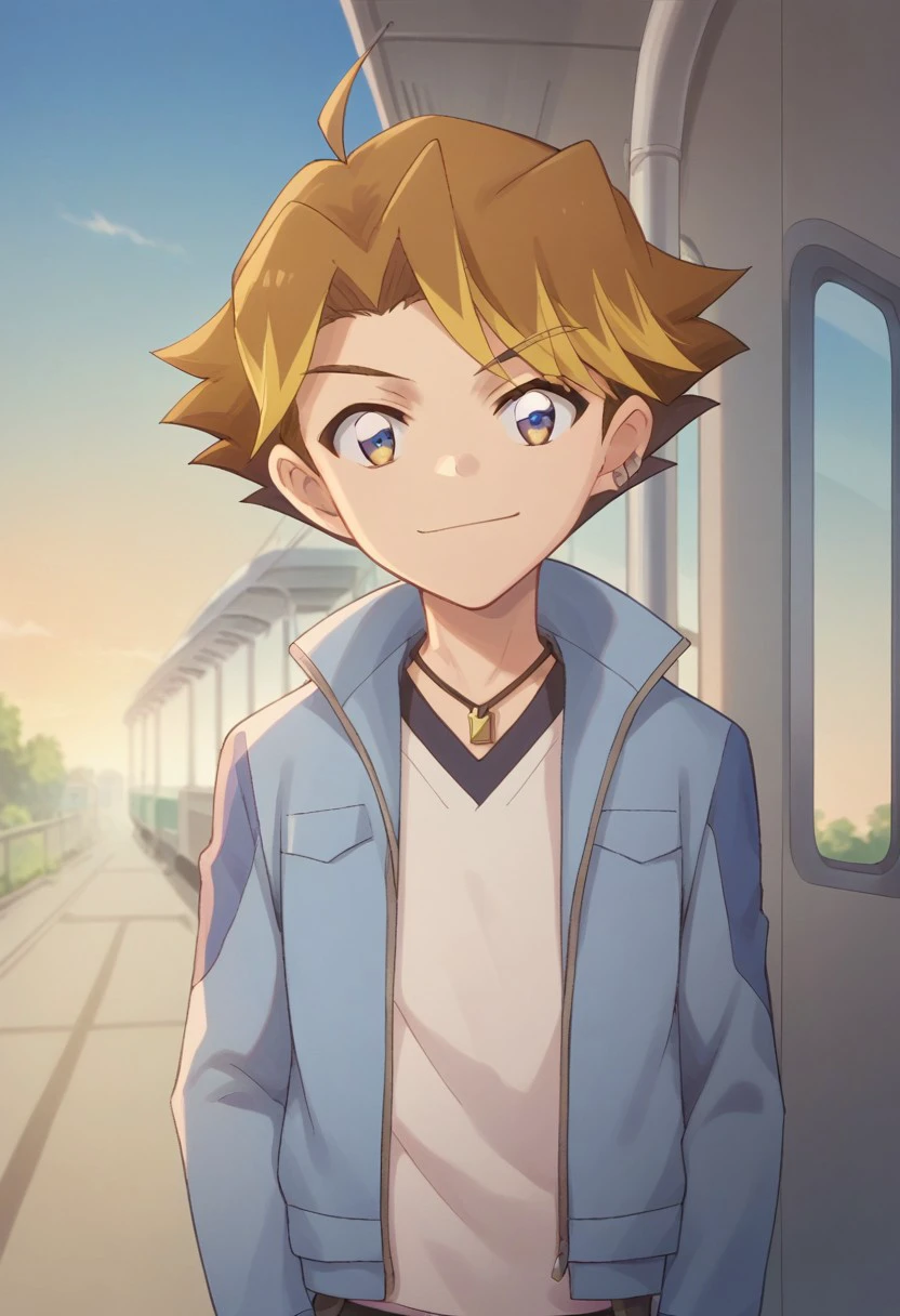 score_9, score_8_up, score_7_up, source_anime, highly detailed, 
rei, 1boy, male focus, solo, smile, blonde hair, jewelry, earrings, brown hair, jacket, necklace, blue jacket, looking at viewer, closed mouth, multicolored hair,
outdoor, sky, train, shinkansen