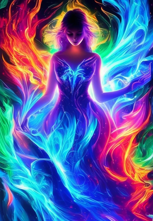 Dreamscape girl, sexy girl, pretty, stunning, beautiful,  <lora:colorflames2:1>, colorflames, colorful flames, colorful fire, on fire, blue fire, green fire . Surreal, ethereal, dreamy, mysterious, fantasy, highly detailed