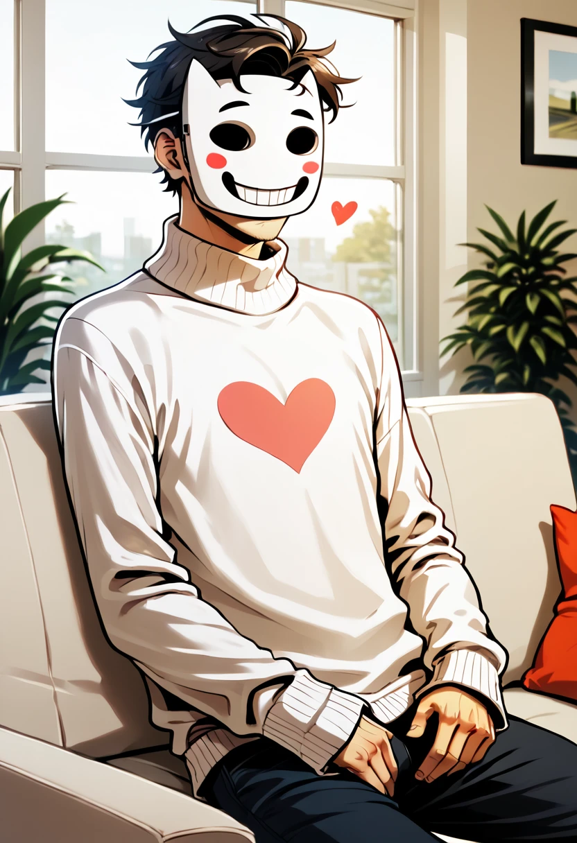 score_9, score_8_up, score_8,   <lora:Zacharie_OFF_for_PonyXL:0.8> 1boy, mask, z4char1e, male focus, solo, sweater, heart, m4sk2,smile,  sitting on couch, living room, window