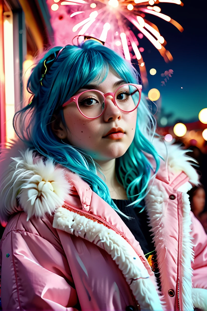 a nerdy chubby girl wearing glasses with blemished skin and multicolored hair, (wolfcut:1.1), very long hair, layered hair, (bangs:0.7), (disheveled:1.3),
(Wrapped in a pink fur jacket, accentuated by kawaii, emanating a friendly aura), (seductive:1.3),(analog, cinematic, film grain, hazy atmosphere, cinematic shot:1.3),
<lora:concept_hairstyle_wolfCut_sdxl_v10-wolfCut:0.9>
BREAK
background festival, carnival, fireworks, realistic photograph, professional photographer, depth of field,