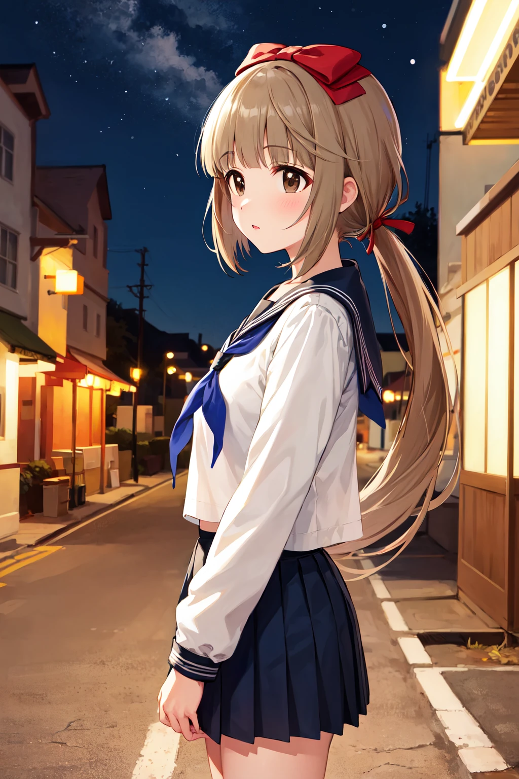 masterpiece, best quality, highres, ddyoshino, long hair, low ponytail, hair bow, red bow, serafuku, sailor collar, blue neckerchief, sailor shirt, white shirt, long sleeves, pleated skirt, blue skirt, <lora:yorita_yoshino_v1:0.7>, street, standing, cowboy shot, from side, night