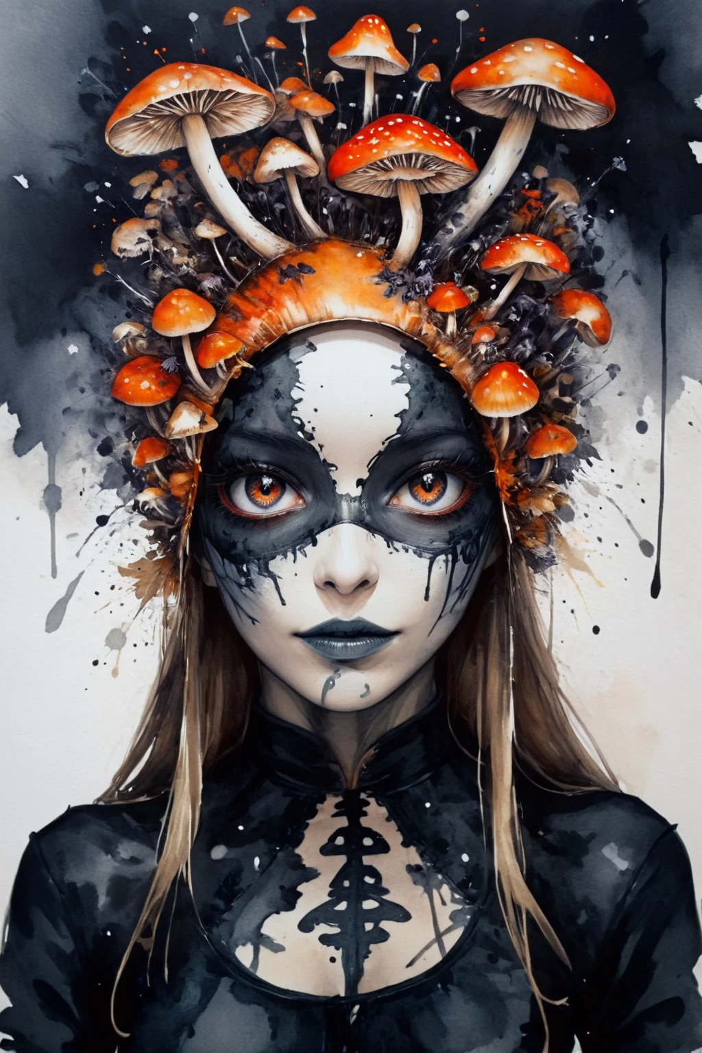 girl, in the house, mushroom, funny, portrait, ink painting, photo, sharp, background dark demon style
<lora:Mushroom_Portrait_V1:1>