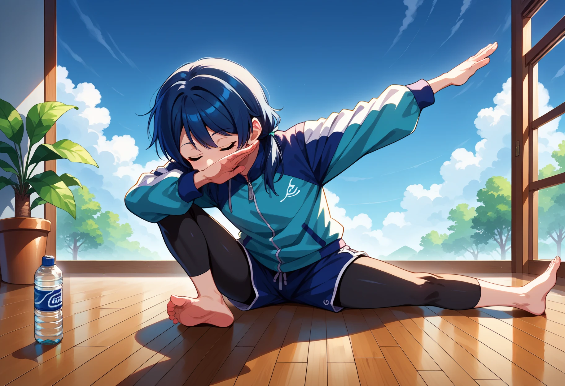 score_9, score_8_up,score_7_up, source_anime,
<lora:EPdab:1>, epdabbing,
outstretched arm, split, on floor, covered face, closed eyes, 
,twintails, window shadow,dolphin shorts,phone,blue shorts,closed mouth,looking ahead,solo,horizon,cloud,bottle,bodysuit under clothes,sky,dark blue hair,long hair,smile,jacket,white jacket,murano sayaka,water bottle,multicolored clothes,bodysuit,plant,smartphone,shadow,on floor,shorts,game cg,cellphone,highres,multicolored jacket,stretching,black bodysuit,1girl,two-tone jacket,blue hair,potted plant,barefoot,blue sky,low twintails,blue eyes,blue jacket