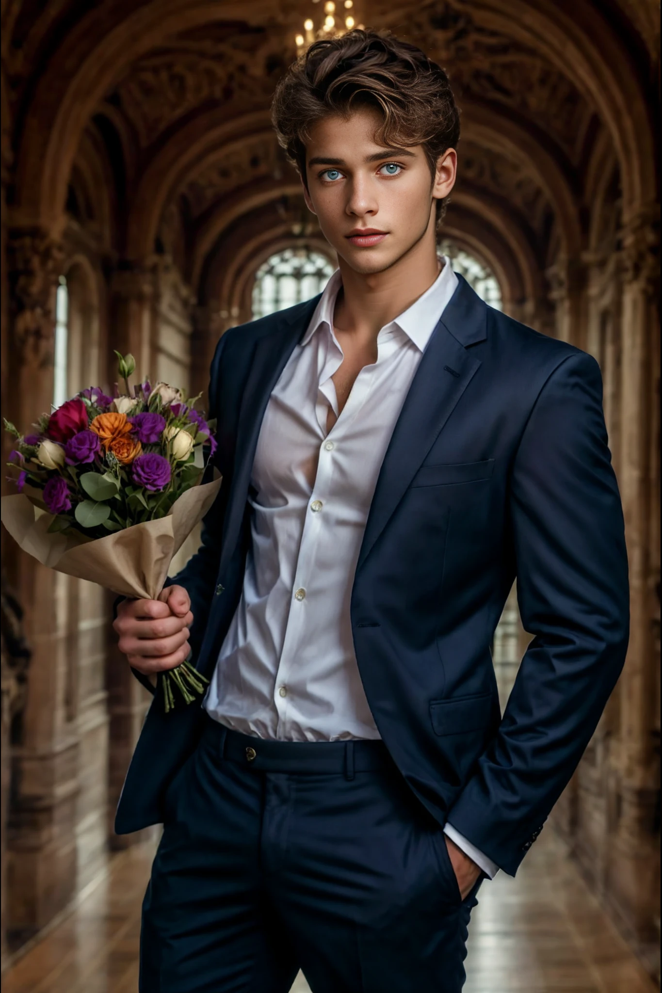 <lora:Darren_GV:1> An incredibly attractive, 1boy, short brown hair, blue eyes, young man, wearing a suit and pants with an open jacket, and dress shirt, holding a bouquet of flowers.