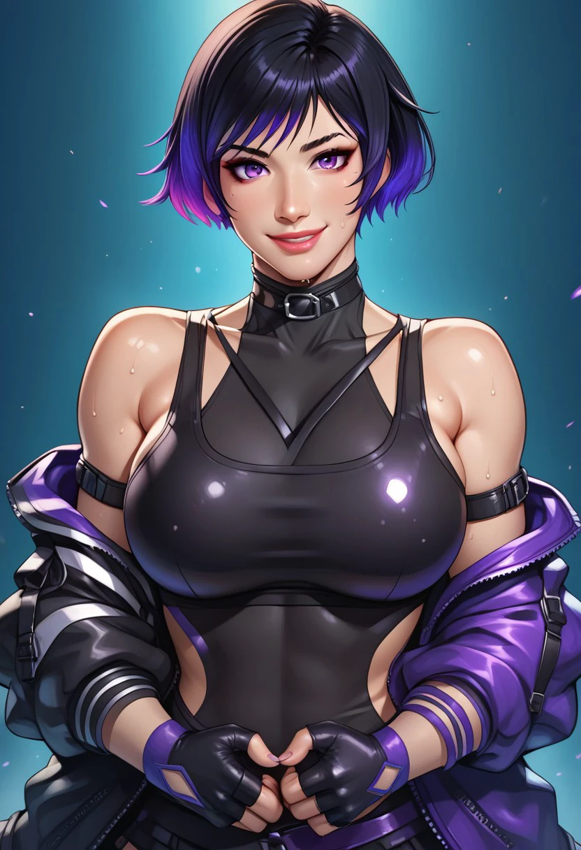 score_9, score_8_up, score_8_up,
reina mishima, reina mishima \(tekken\),reina mishima outfit \(tekken\), 1girl, solo, breasts, looking at viewer, smile, short hair, large breasts, black hair, gloves, bare shoulders, purple eyes, jacket, upper body, purple hair, multicolored hair, sweat, choker, black gloves, fingerless gloves, lips