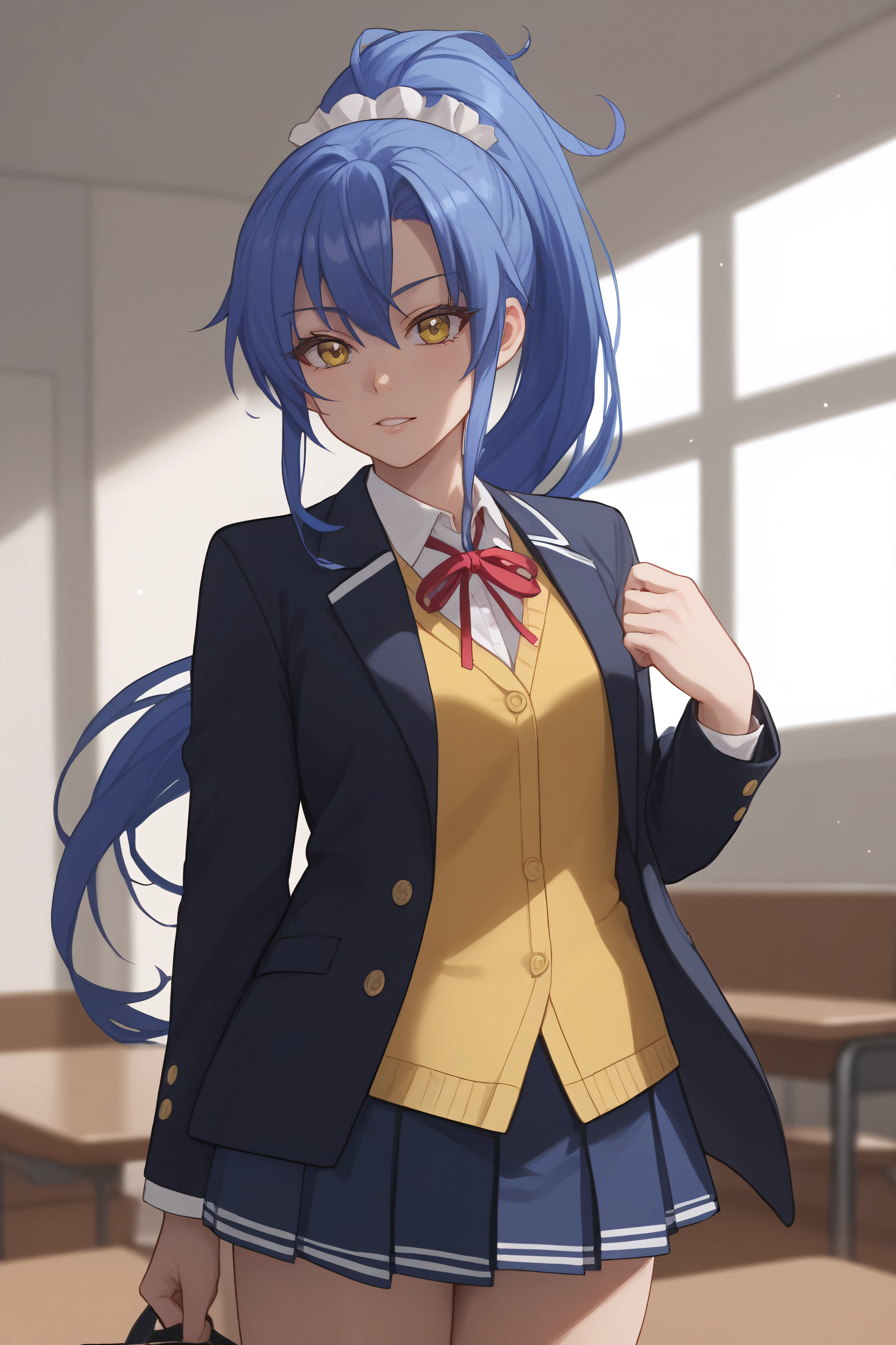 score_9, score_8_up, score_7_up, BREAK source_anime, <lora:Kurumi Nonaka-PonyXL-lora-Faxtron:0.8> kurumi nonaka, yellow eyes, blue hair, high ponytail, white hair ribbon, school uniform, black jacket, yellow vest, dress shirt, red neck ribbon, blue pleated skirt,