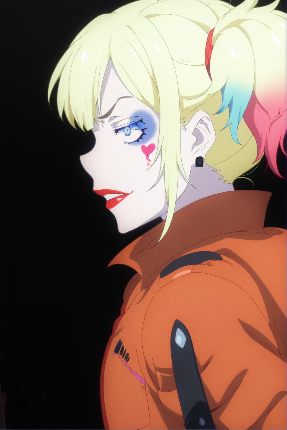 Harley Quinn, black background, simple background <lora:isekai_suicide_squad-Harley_Quinn-PDXL:1>,  <lora:sdxl_lightning_4step_lora.safetensors:1.0>