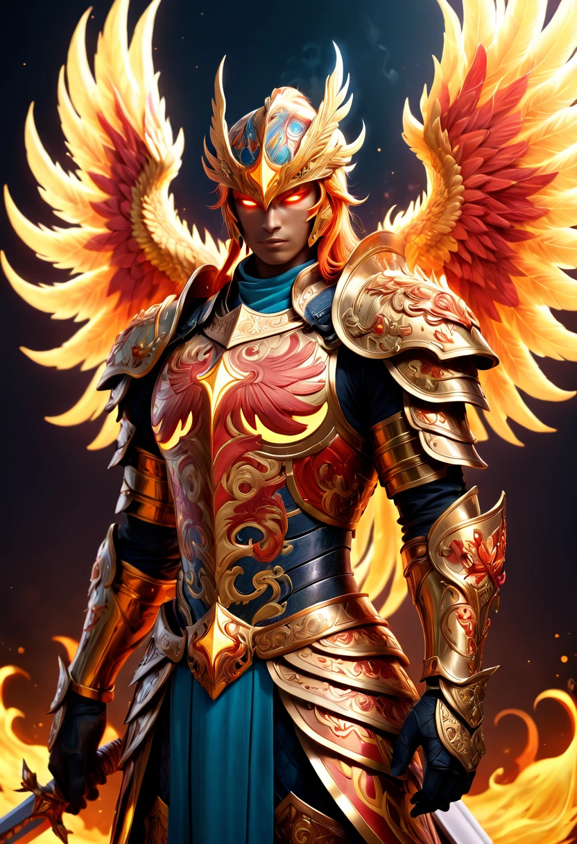 A luminous phoenix knight adorned with glowing tattoos of fiery swords and radiant armor, their celestial marks representing their valor and honor