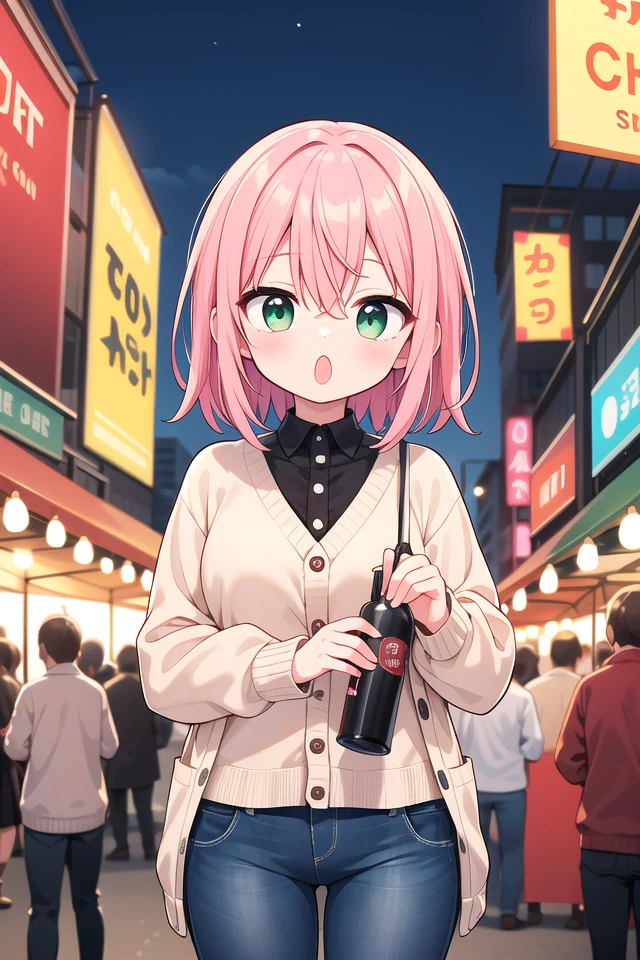 <lora:hotarumouth_type3_v100:1>
insanely detailed, absurdres, ultra-highres, ultra-detailed, best quality,
1girl, solo, nice hands, perfect hands
BREAK
(loose fit cardigan:1.2), straight jeans, chain bracelet
BREAK
(nsfw:-1.5)
BREAK
expressionless, open mouth
BREAK
,
standing, cowboy shot, looking at viewer
BREAK
slender, kawaii, perfect symmetrical face, ultra cute girl, ultra cute face, ultra detailed eyes, ultra detailed hair, ultra cute, ultra beautiful
BREAK
Night market Capture the enchanting and lively beauty of a market illuminated by colorful lights and bustling with nightlife, depth of field, ultra detailed background
BREAK
large breasts
BREAK
(pink hair, dark green eyes:1.2), afro, hair between eyes