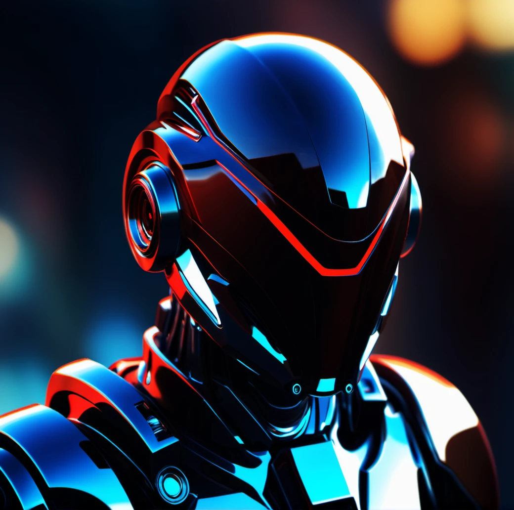blurry, blurry background, solo, no humans, science fiction, robot, depth of field, upper body, helmet, robot head, glossy surface, reflective material, futuristic design, red glowing eyes, dark tones, blurred background, bokeh effect, high contrast, sharp focus, artificial intelligence, sci-fi, portrait orientation, close-up, advanced technology, metallic texture, blue highlights, intricate patterns, visualization of technology, abstract humanoid, cybernetic organism. ,<lora:æºç²-000002:0.6>