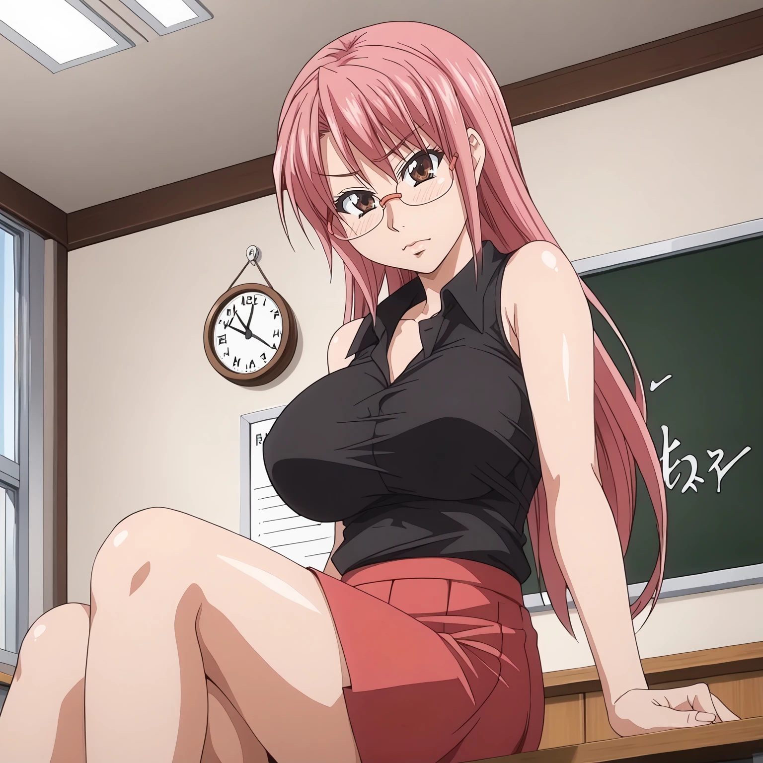 <lora:AyanoChuzenjiXLpony001>,
solo,
AyanoChuzenji,1girl,pink hair,long hair,brown eyes,eyewear,
large breasts,
female teacher,black shirt,sleeveless,red skirt,