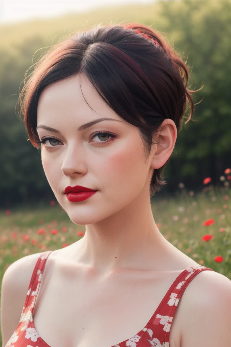 megwhite-208, ((red lipstick, blush)), ,photo of a woman, RAW, close portrait photo, ((beautiful floral print sundress)),((short hair, pixie cut)), ((outdoors, gorgeous meadow, walking)), ((detailed skin, detailed face):1.2), ((detailed eyes, beautiful eyes)), 8k uhd, dslr, soft lighting, high quality, film grain, Fujifilm XT3 sharp focus, f 5.6,((red lipstick, blush)) , slight smile, ((detailed eyes, beautiful eyes, detailed face, beautiful face)),