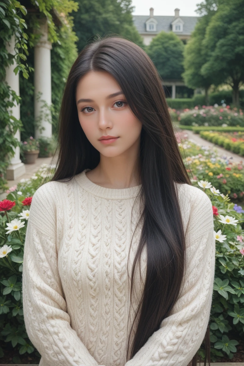 score_9,score_8_up,score_7_up,
masterpiece, 20 years old, 8k, hd, beautiful girl, black hair, very long hair, straight hair,
1girl, detailed face, beautiful woman's face, sweater, garden, full of flowers, looking at viewer, upper body, half body,