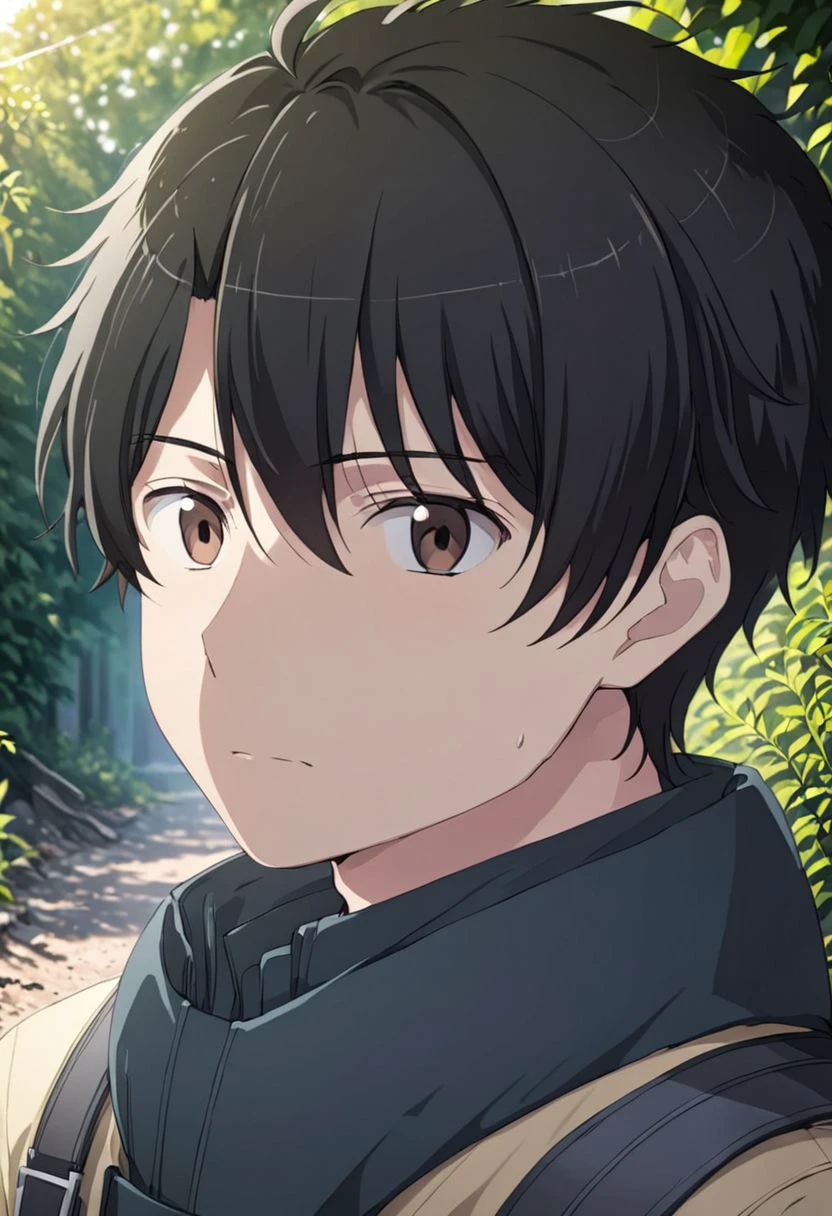 high resolution, solo, best quality, 1Boy, Inaho Kaizuka, Black hair, Brown Eyes, portraits, proud, outdoor, Half Body, Depth Of Field, OverallDetail