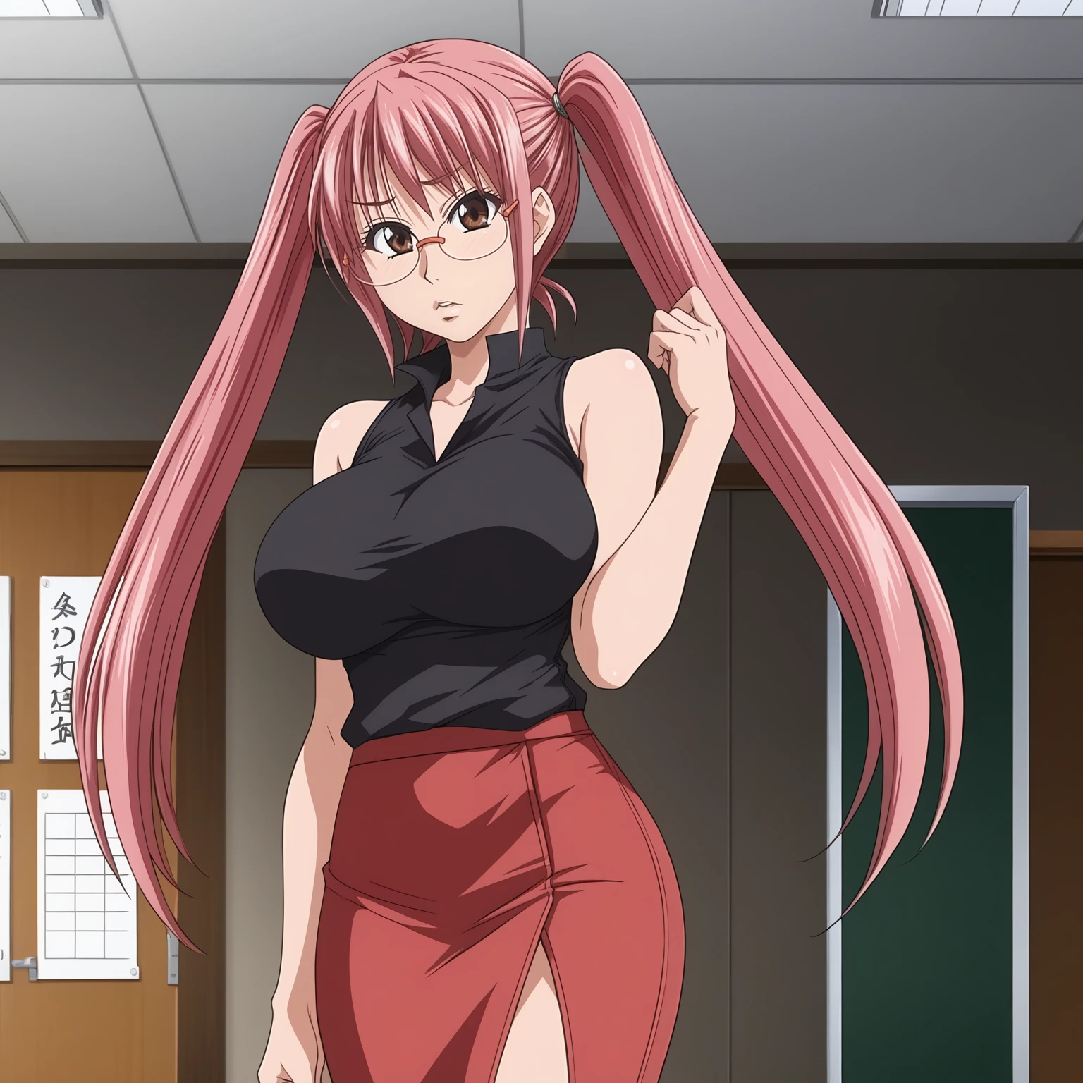 <lora:AyanoChuzenjiXLpony001>,
parted lips,
solo,
AyanoChuzenji,1girl,pink hair,long hair,brown eyes,eyewear,
twintails,
large breasts,
female teacher,black shirt,sleeveless,
red skirt,
indoors,
standing,