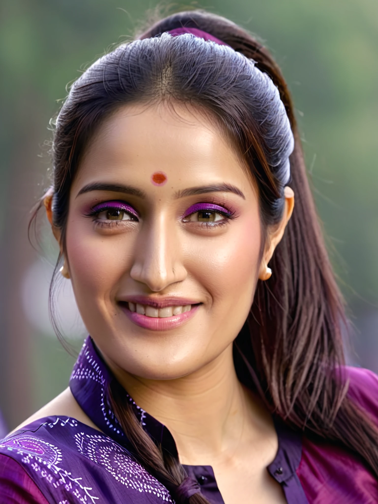 portrait photo of sagarika ghatge woman, solo, ponytail, smile, looking at the camera, Plum ethnic clothing, , contrasting background bokeh <lora:Sagarika_Ghatge_SDXL_LoRA_prodigy_local-000002:1>