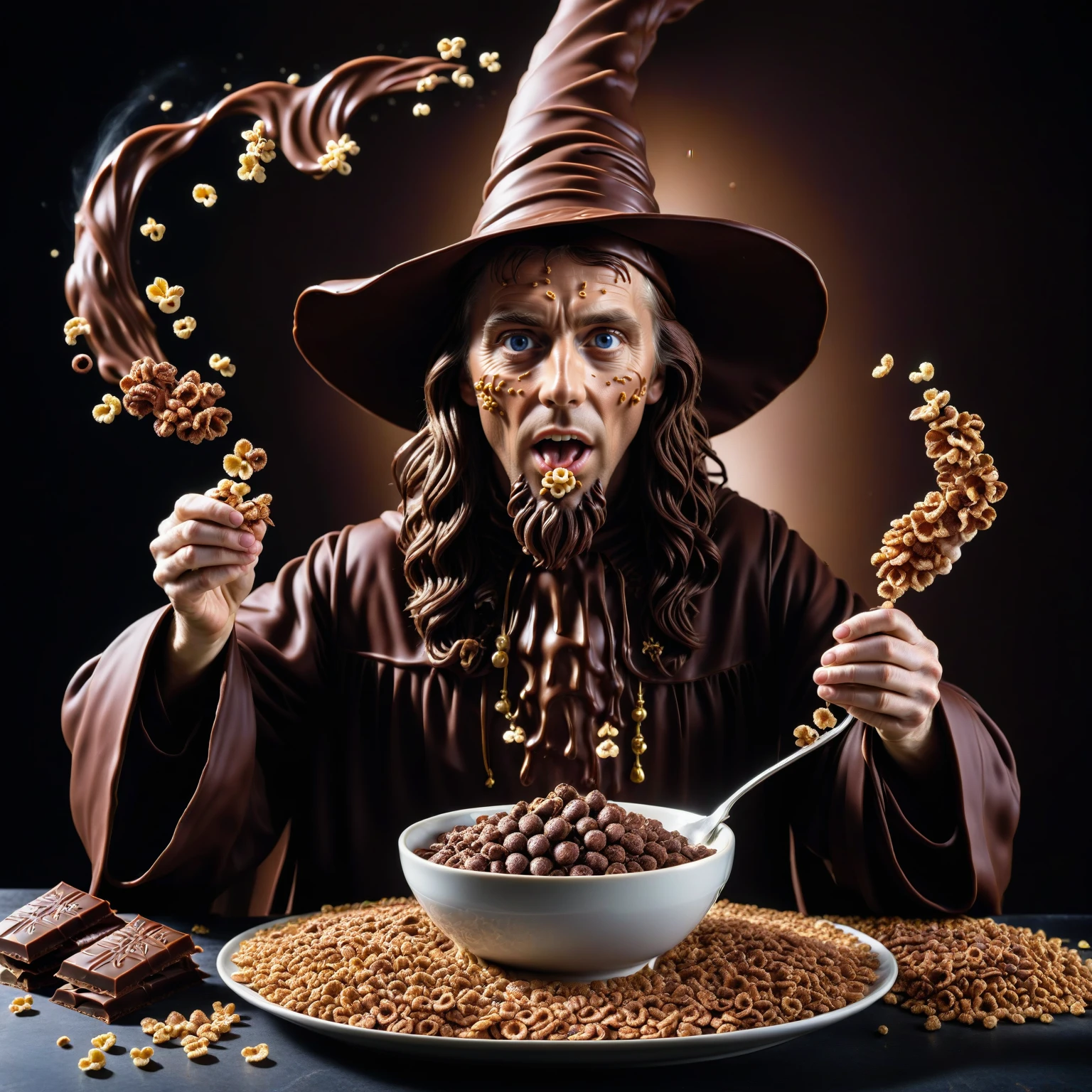 a photorealistic picture of a Chocolate wizard casting a cereal spell ,Jed-ChocoC   ,chocolate, cereals  <lora:SDXLFaeTastic2400:0.5> <lora:ChocoCerealStyle:0.4>