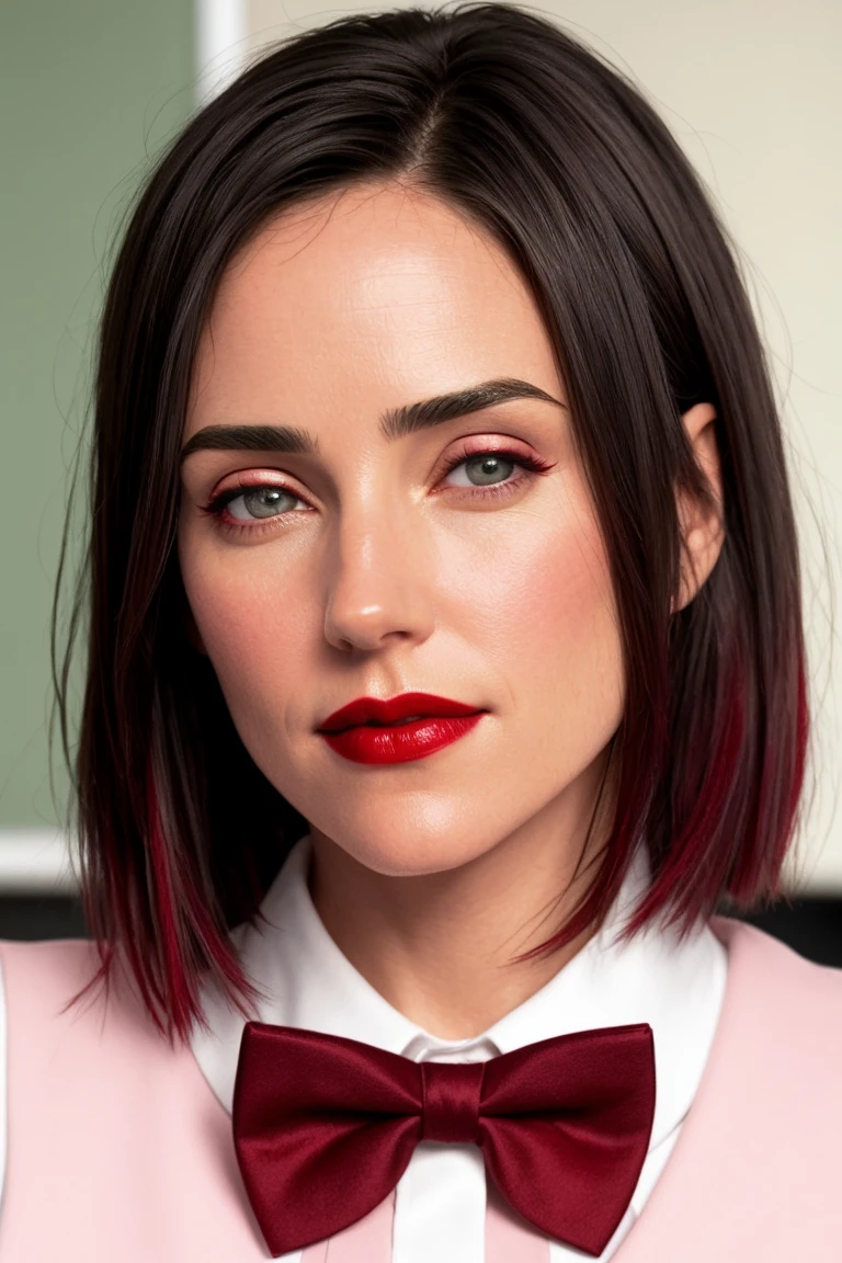 jennifercon, ((red lipstick, blush)),  ((detailed skin, detailed face):1.2), ((detailed eyes, beautiful eyes)), ,photo of a woman, RAW, close portrait photo, ((bowtie, shirt)),((short hair)), ((classroom, sitting)), slim body, 8k uhd, dslr, soft lighting, high quality, film grain, Fujifilm XT3 sharp focus, f 5.6,((red lipstick, blush)) , slight smile