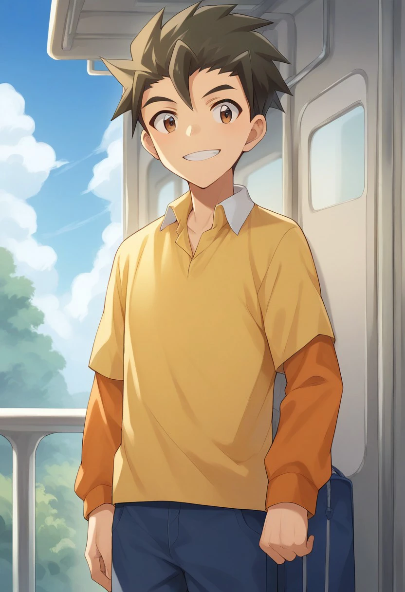 score_9, score_8_up, score_7_up, source_anime, highly detailed, 
tsuranuki, 1boy, male focus, solo, shirt, pants, blue pants, brown eyes, spiked hair, long sleeves, yellow shirt, orange sleeves, collared shirt, upper body,
outdoors, train, sky, shinkansen, smile, looking at viewer,