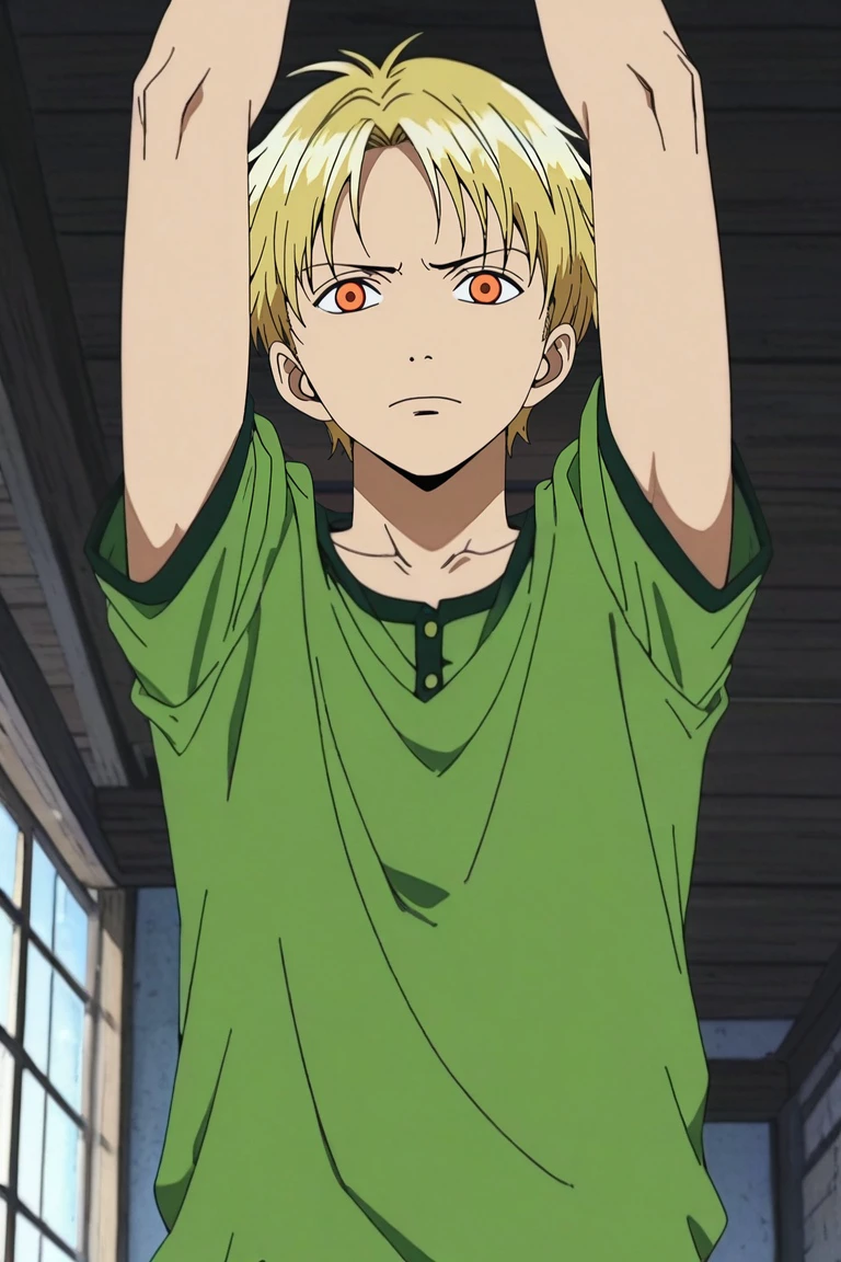 score_9, score_8_up, score_7_up, source_anime, , rating_safe, , looking at viewer, depth of field, 1boy, male focus, <lora:yukine_noragami_pony:0.51>, yukine_noragami, blonde hair, orange eyes, solo, wide angle, wide shot, cowboy shot, treetops city, indoors, dark, arms above head, sad, <lora:one_piece_style_pony:1.2>, one_piece_style, , <lora:sdxl_lightning_8step_lora:1>