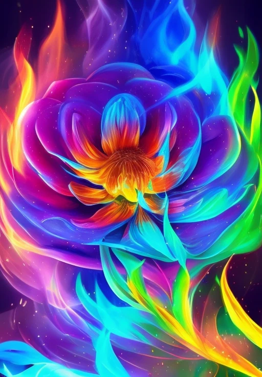 Dreamscape flower, plant, pretty, stunning, beautiful,  <lora:colorflames2:1>, colorflames, colorful flames, colorful fire, on fire, blue fire, green fire . Surreal, ethereal, dreamy, mysterious, fantasy, highly detailed