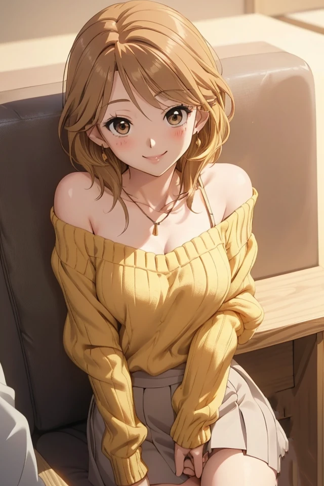 (Yuri_Kosaka), (1girl), solo, shoulder length hair, large breasts, 1990s, blonde hair, blush, brown eyes, collarbone, earrings, eyelashes, lipstick, necklace, smile, sexy, white off-the-shoulder sweater, black mini skirt, smile, different actions,