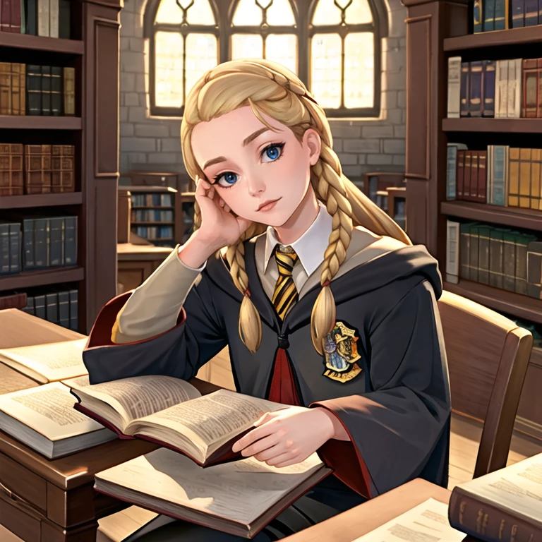 pennyhaywood, 1girl, solo, upper body, (hogwarts school uniform:1.3), (collared shirt), yellow necktie, striped necktie, black pantyhose, black skirt, (medium breasts:0.4), desk, expressionless, (window, indoors, sitting, chair, reading, book, library, studying:1.2), (resting head, resting on elbow:1.3), <lora:PennyHaywood_v2:0.71>