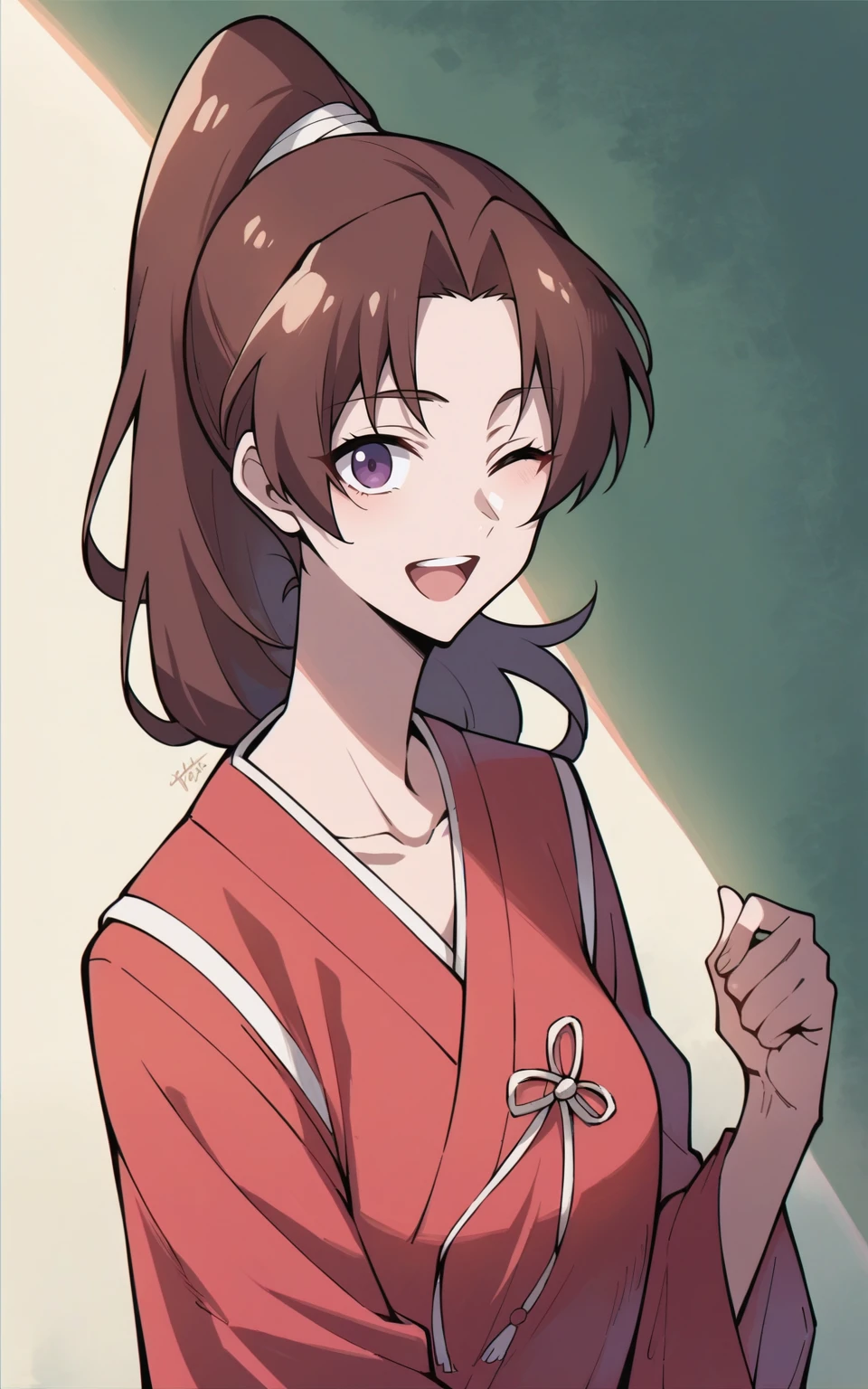 score_9, score_8_up, score_7_up, score_6_up, score_5_up, score_4_up, source_anime, shigudaili artstyle, xushanshan, 1girl, solo, long hair, reddish brown hair, ponytail, parted bangs, dark purple eyes, (red hanfu:1.3), standing, medium breasts, (:d), open mouth, happy, (closed eyes), (cowboy shot), looking at viewer, <lora:xushanshan:0.6>