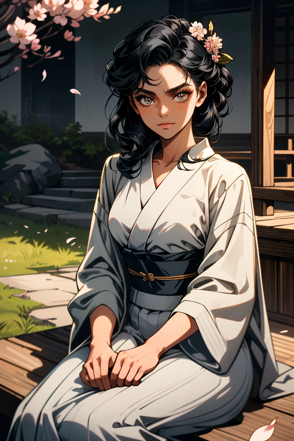 ((ultra detailed, masterpiece, absurdres))
 <lora:RDR2Tilly:0.8>
RDR2Tilly, 1girl, dark skin, black hair, looking at viewer,sitting, yukata, japan, cherry blossoms, hair ornament