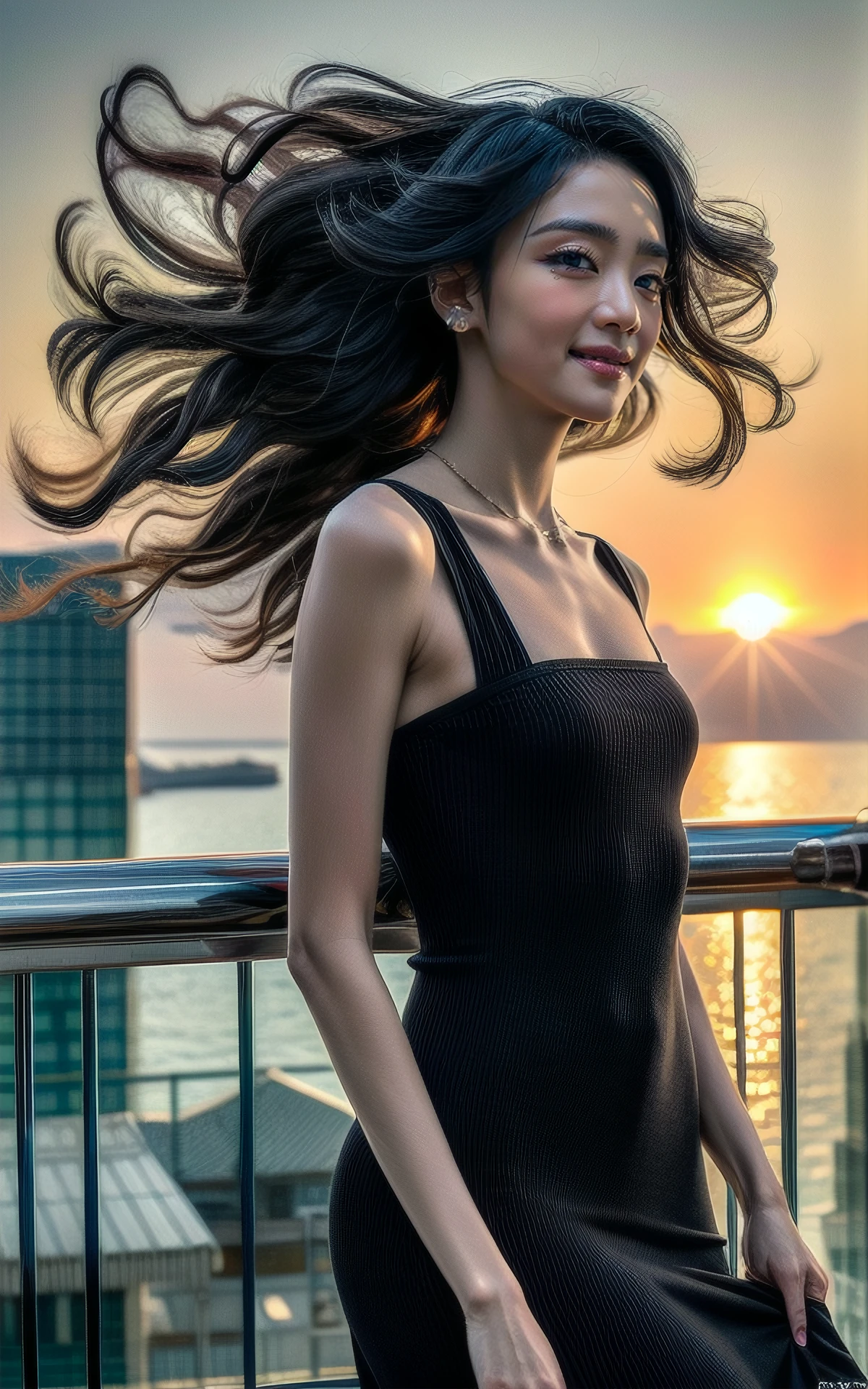 <lora:Minnie_V1:1> Minnie_V1 ,, (realistic), (hyperrealism), (photorealistic:1.4), 1girl, looking at the viewer, eye makeup, detailed eyes, detailed face, (upper body:1.2), detailed background, black dress, walking at the streets, sunset, (windy:1.2), <lora:more_details:1>