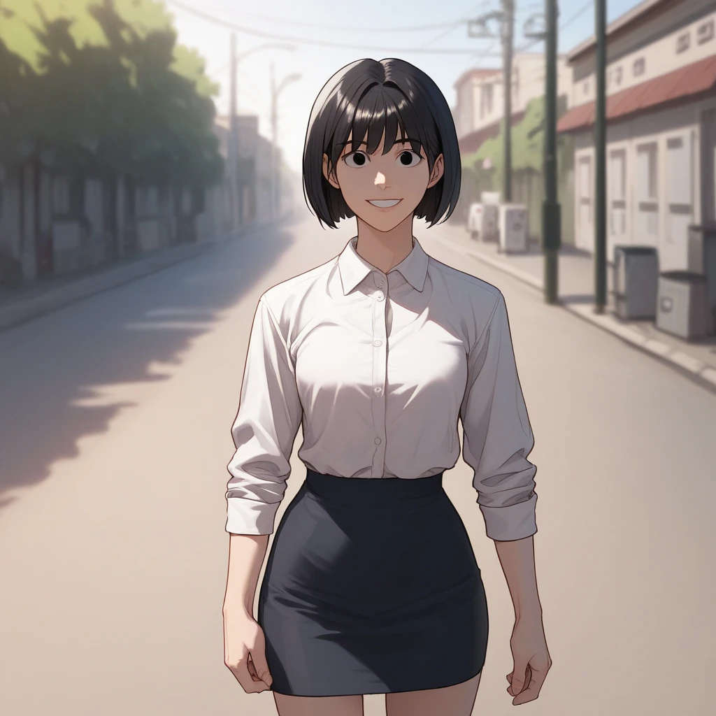 score_9_up, score_8_up, score_7_up, BREAK, Manhwa,1girl, solo, bob cut, black hair, black eyes, white shirt, school uniform, pencil skirt, cowboy shot,  <lora:Manhwa_Style_PXL_Leaf1:1>,  looking at viewer, smile,  outdoors, street, depth of field,